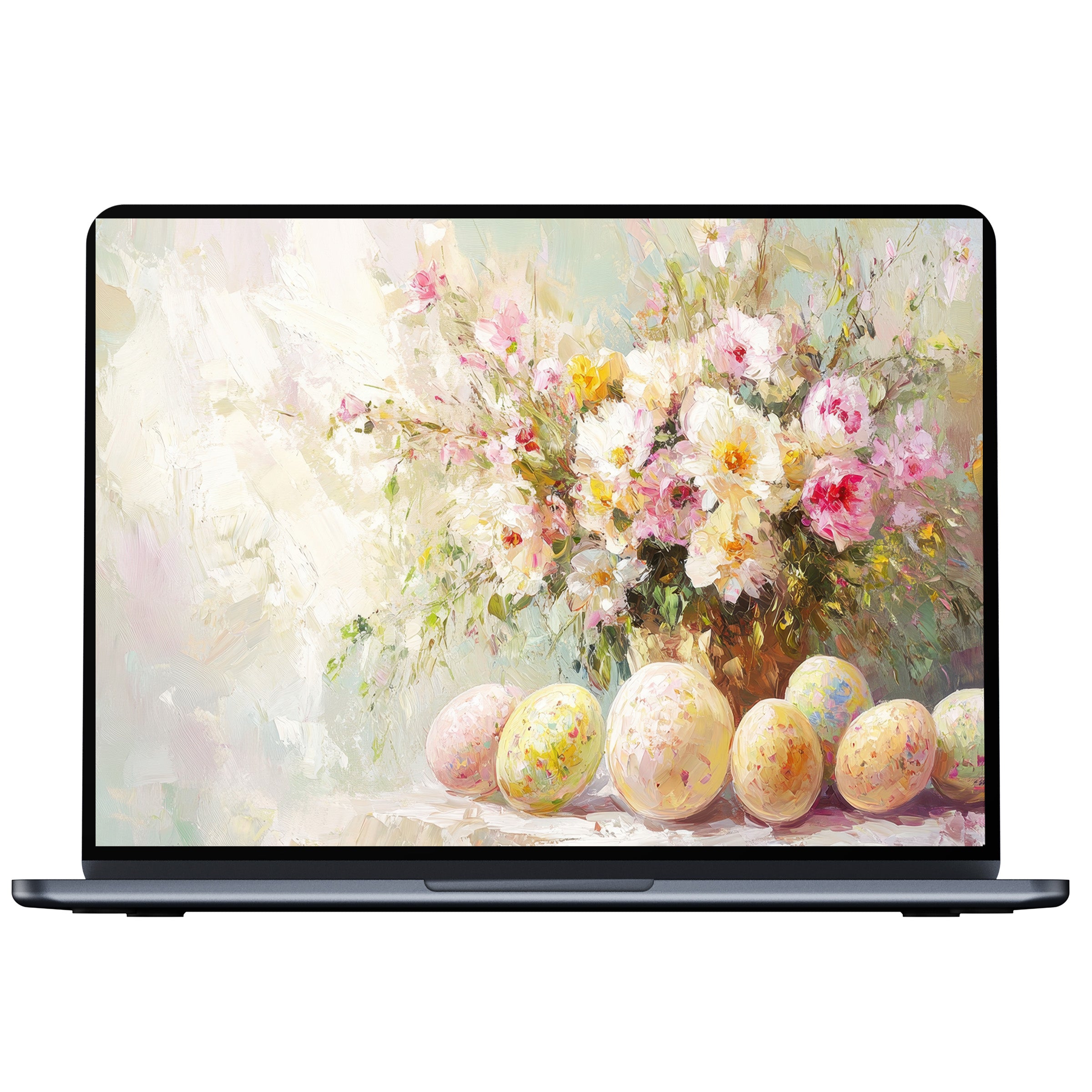 Easter desktop wallpaper featuring pastel eggs and delicate floral bouquet in impressionist style for PC, laptop digital download