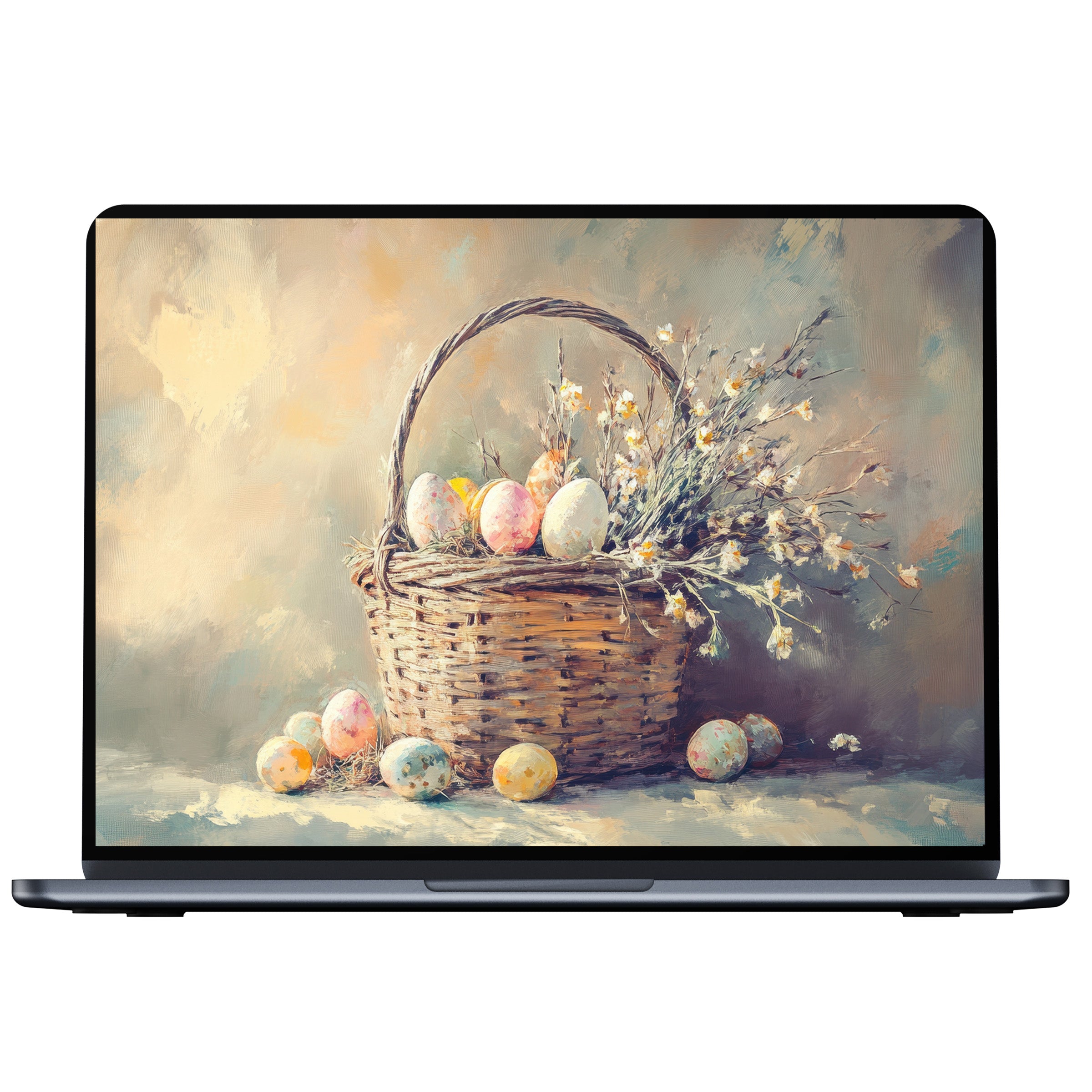Elegant Easter desktop wallpaper featuring a serene basket of pastel eggs and blossoms, perfect digital download for PC or laptop