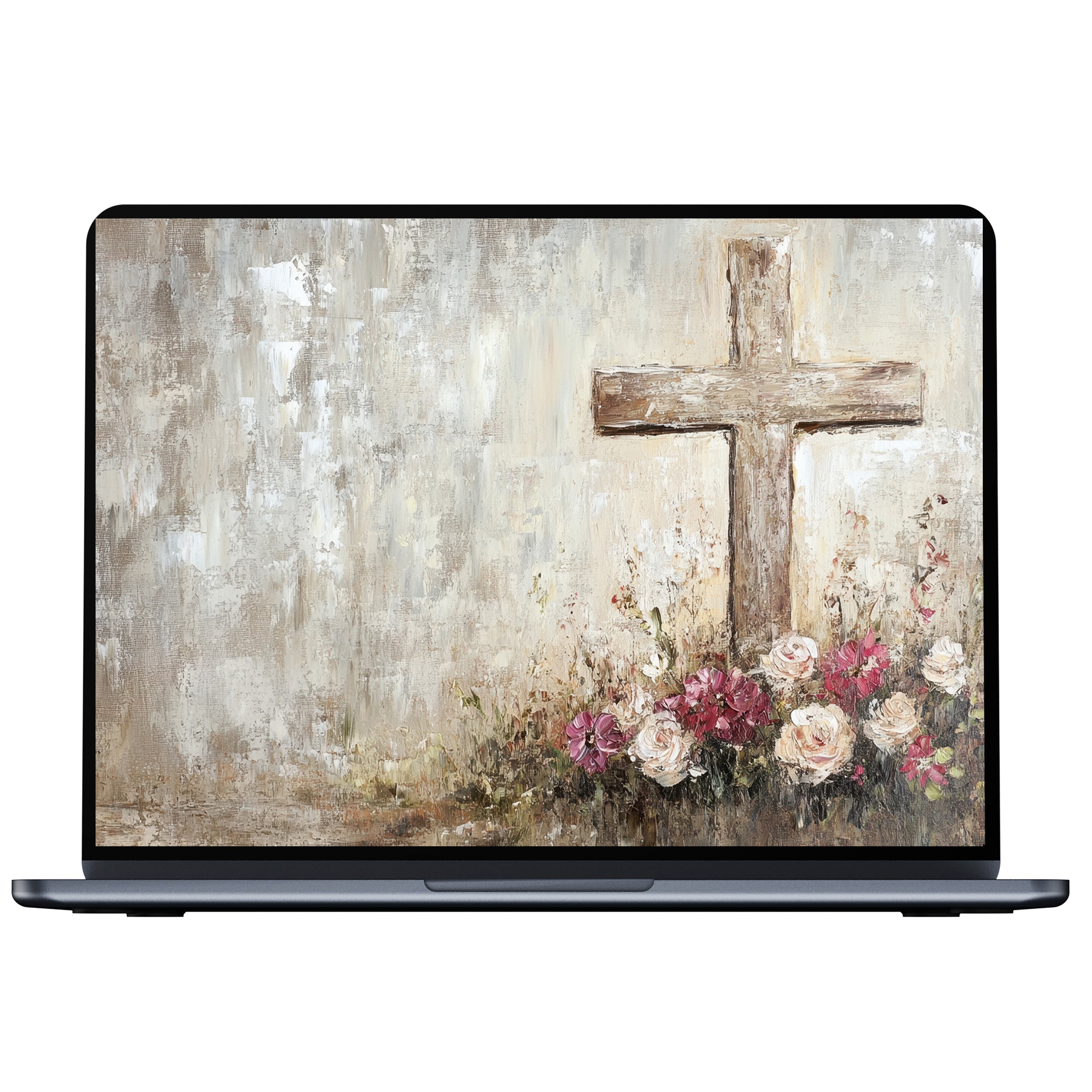 Easter desktop wallpaper showcasing an earthy cross with pastel flowers evokes calm and elegance fit for PC and laptop digital download