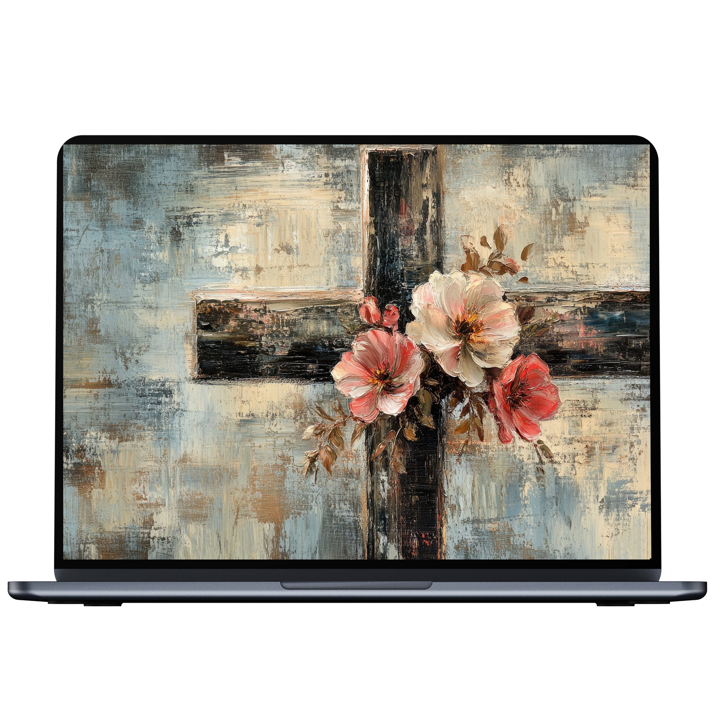 Elegant Easter desktop wallpaper digital download featuring florals on rustic cross in vintage style, perfect for PC, Laptop, Mac