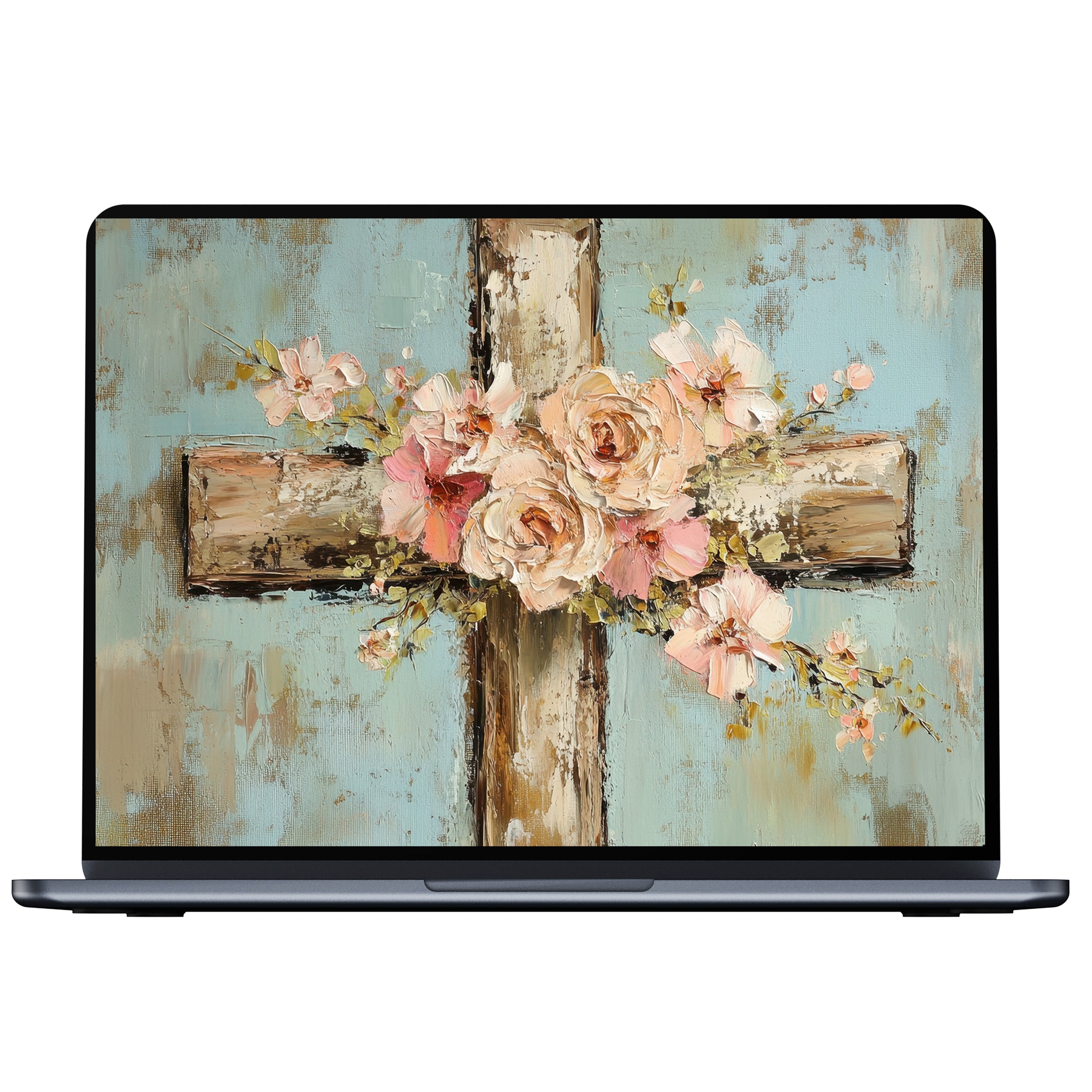 Easter desktop wallpaper digital download featuring vintage floral cross art in calming pastels enhances PC and laptop elegance