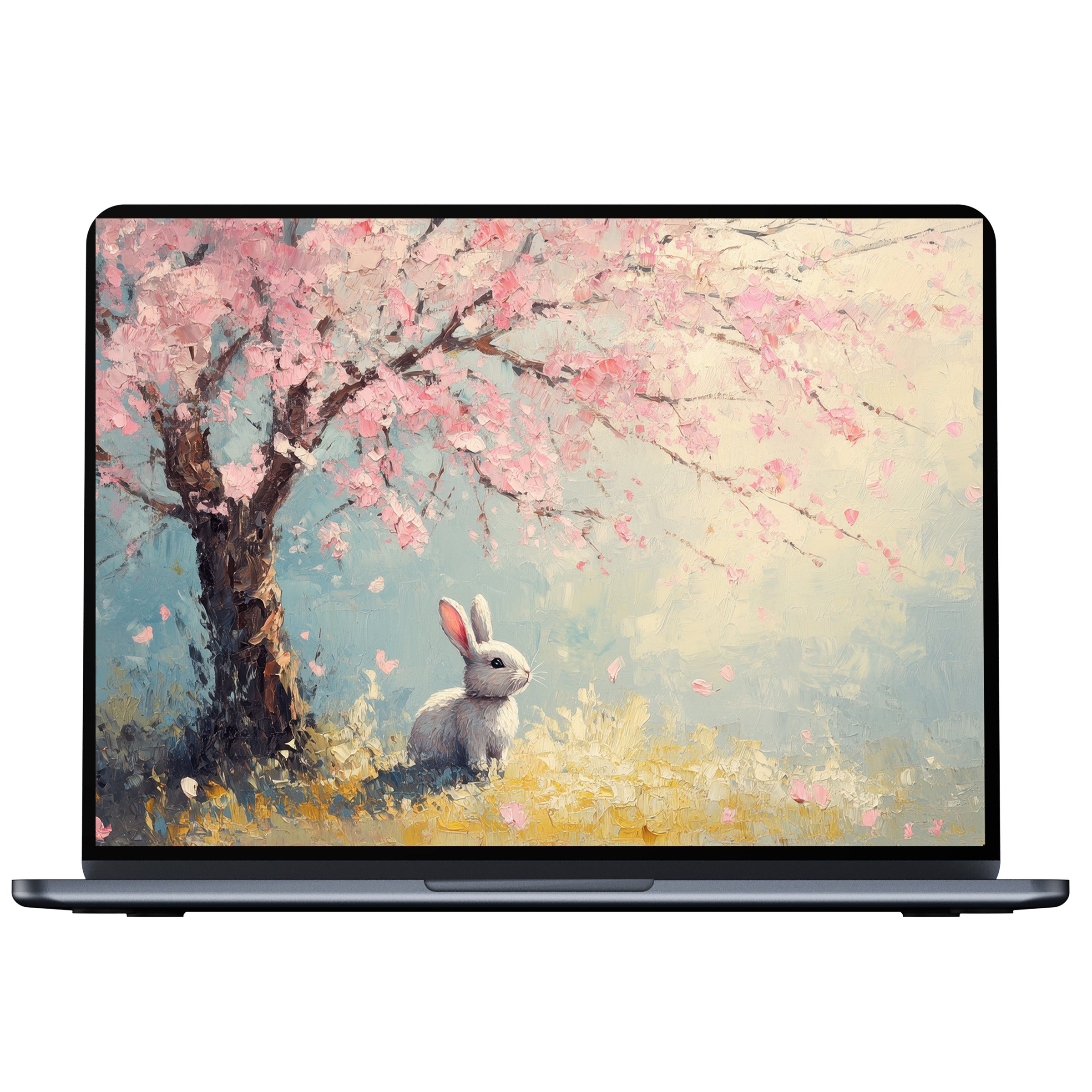 Easter desktop wallpaper digital download featuring a serene bunny under cherry blossoms in pastel hues ideal for PC and laptop screens