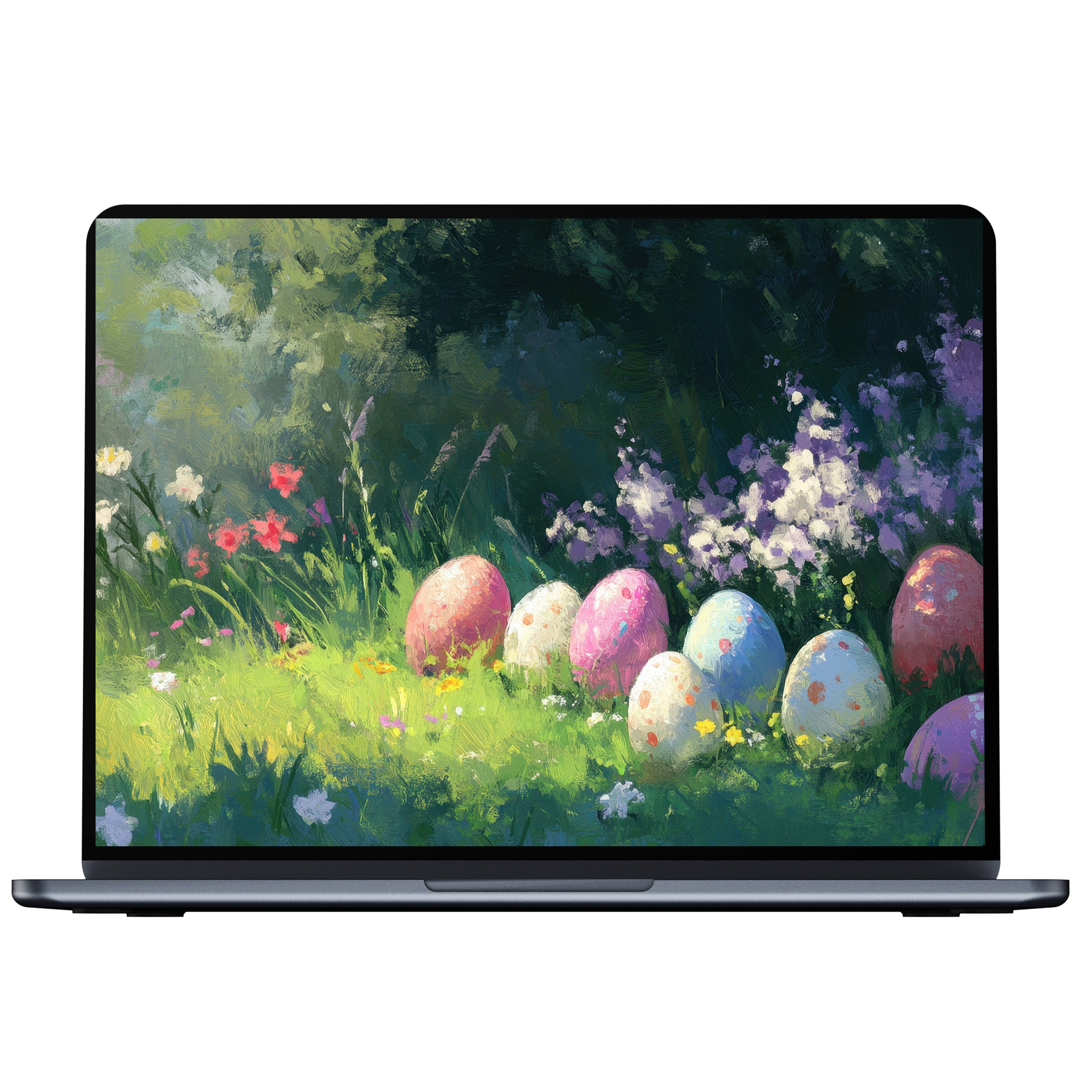 Easter desktop wallpaper digital download with painted eggs in lush garden art evokes calm elegance for PC and laptop screens