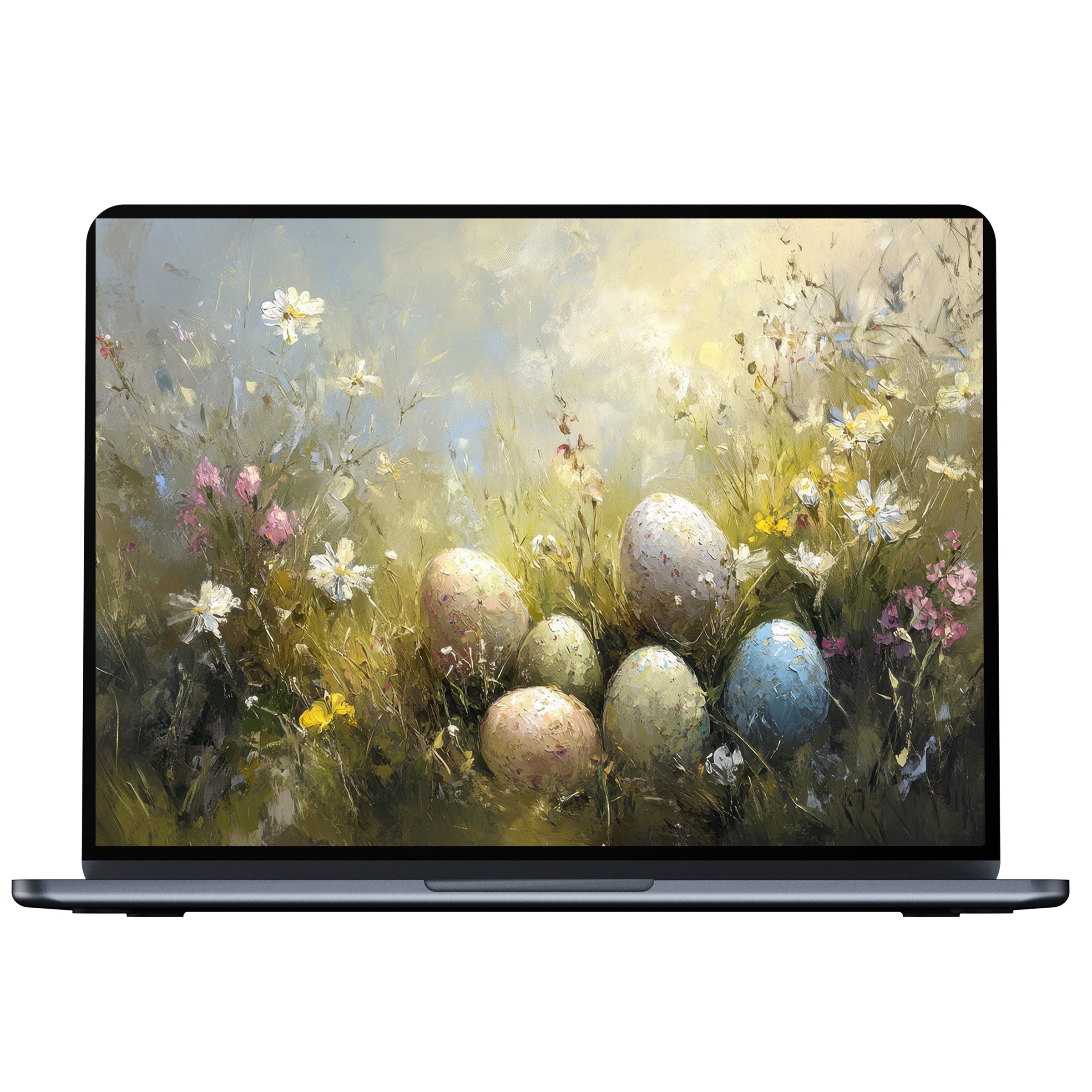 Easter desktop wallpaper features pastel eggs in a floral meadow digital download for PC and Laptop offers calming elegance