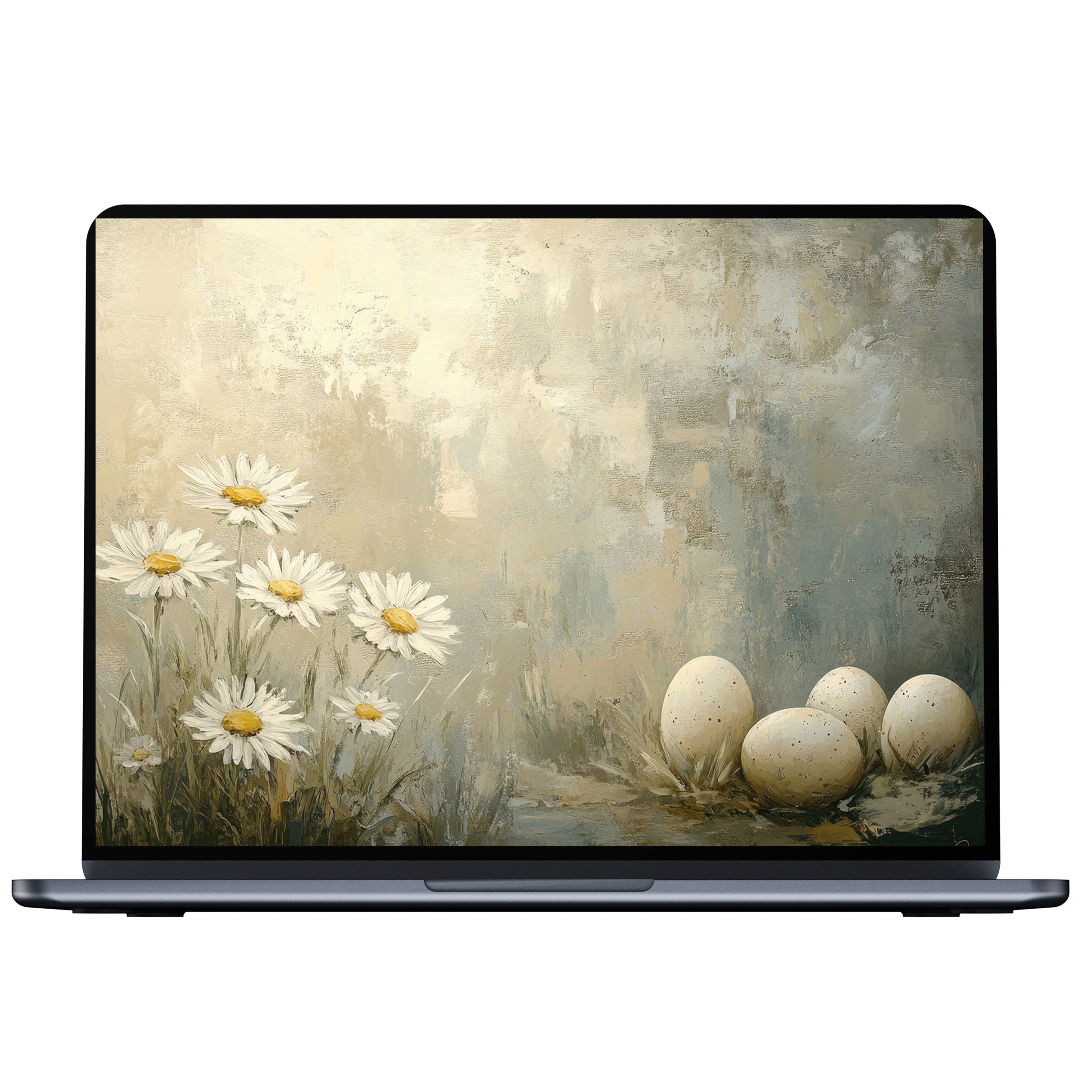 Easter desktop wallpaper with serene daisies and eggs, a digital download for PC and laptop, evokes calm and inspiration