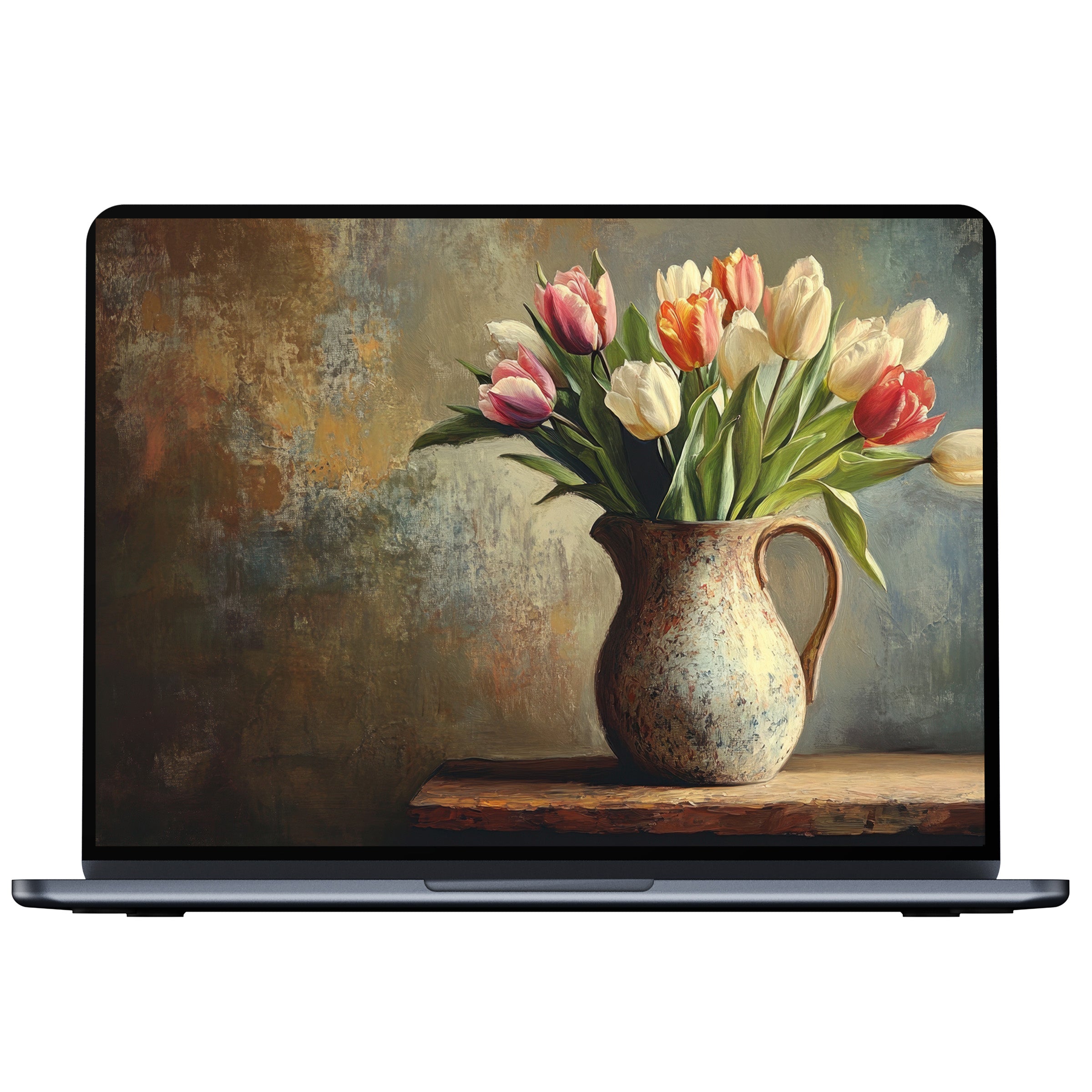 Easter desktop wallpaper featuring a serene still life of tulips in a rustic vase, ideal digital download for PC or laptop backgrounds