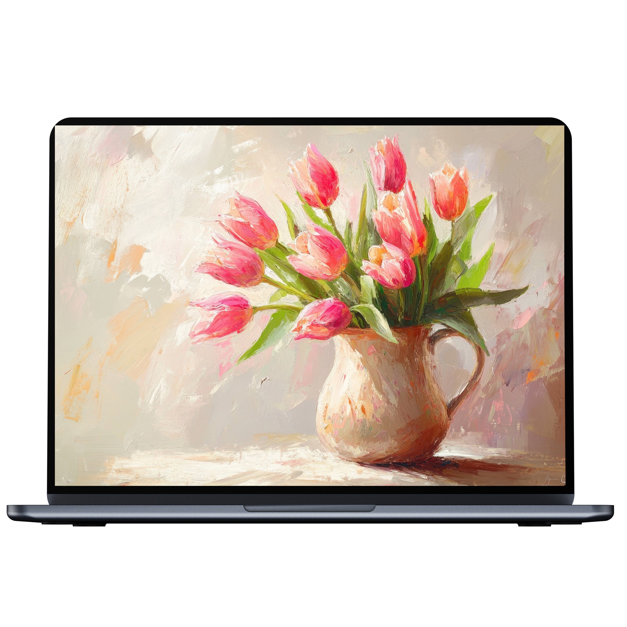 Easter desktop wallpaper digital download with vibrant pink tulips in oil painting style, perfect for PC and laptop screens
