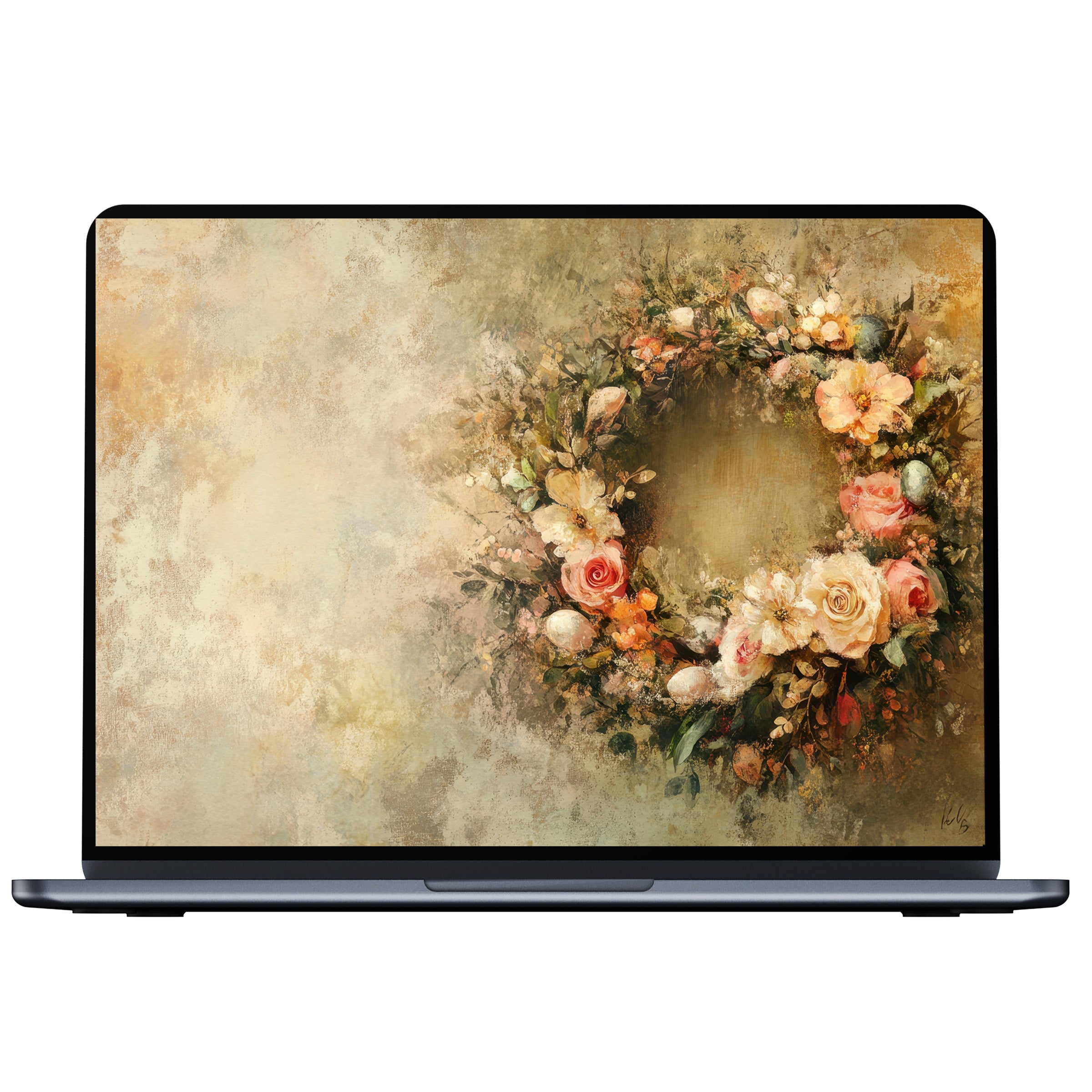 Elegant Easter desktop wallpaper featuring a floral wreath with pastel blooms, perfect digital download for mindful PC or laptop use