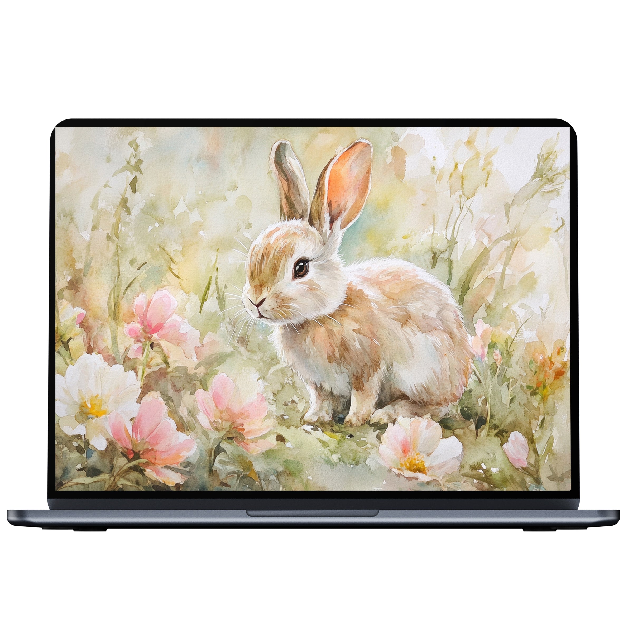 Easter desktop wallpaper featuring a serene watercolor bunny surrounded by soft flowers offers calm inspiration for PC and laptop screens
