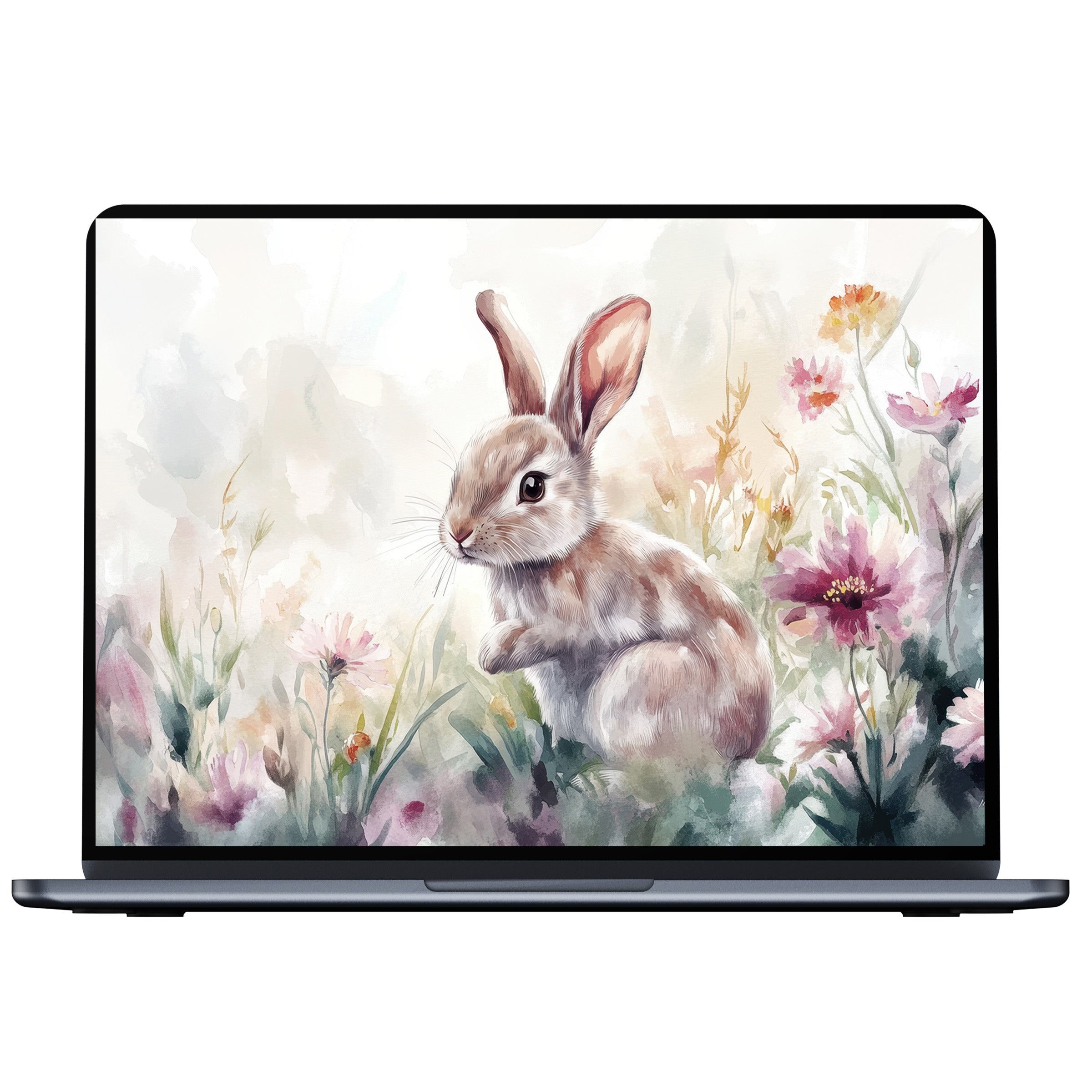 Easter desktop wallpaper featuring a serene watercolor bunny and floral design digital download perfect for PC or laptop screens