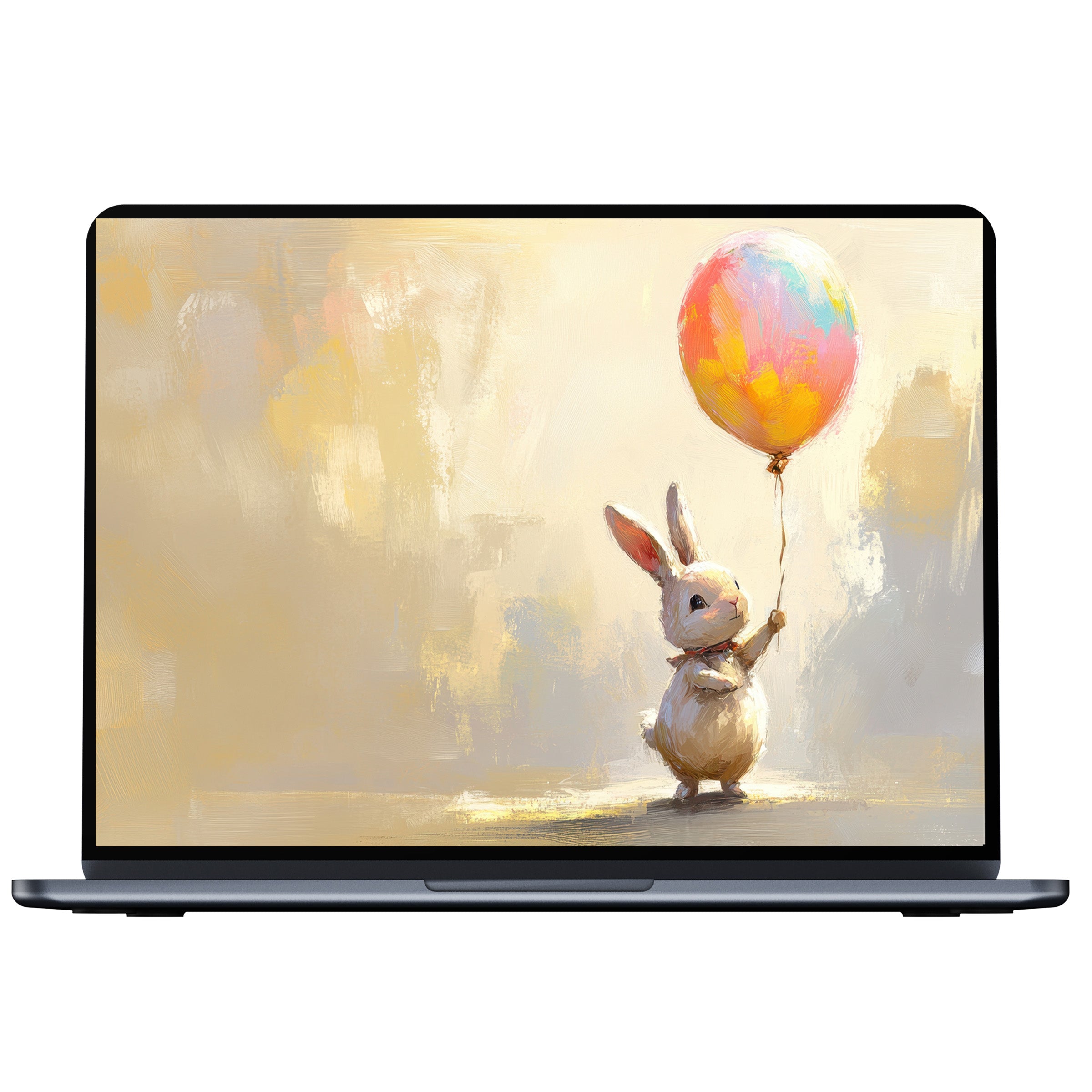 Inspire serenity with this Easter desktop wallpaper featuring a whimsical bunny and pastel balloon on PC or laptop digital download