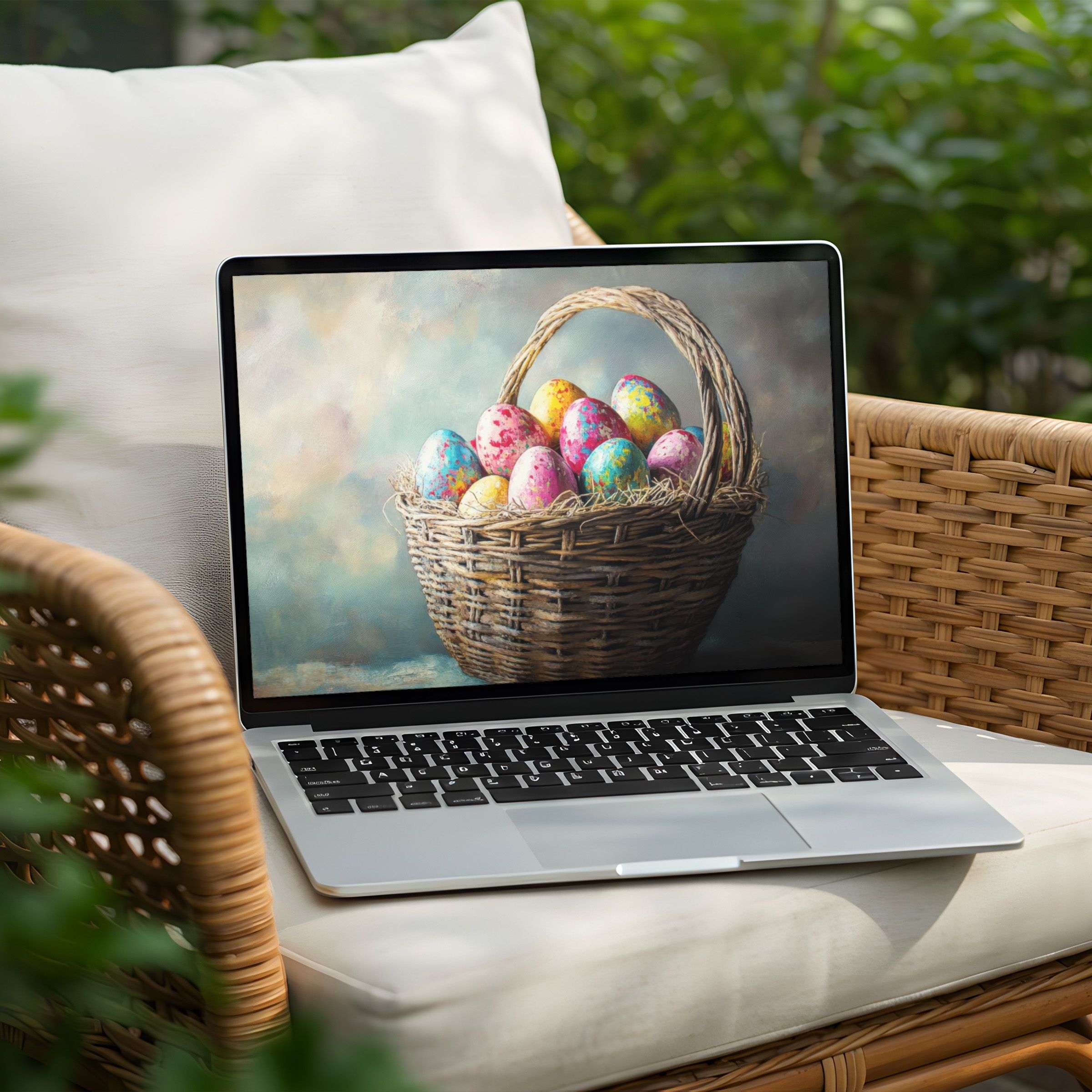 Elegant desktop background featuring a basket of colorful eggs, perfect for PC or Laptop instant download inspiring calm and creativity