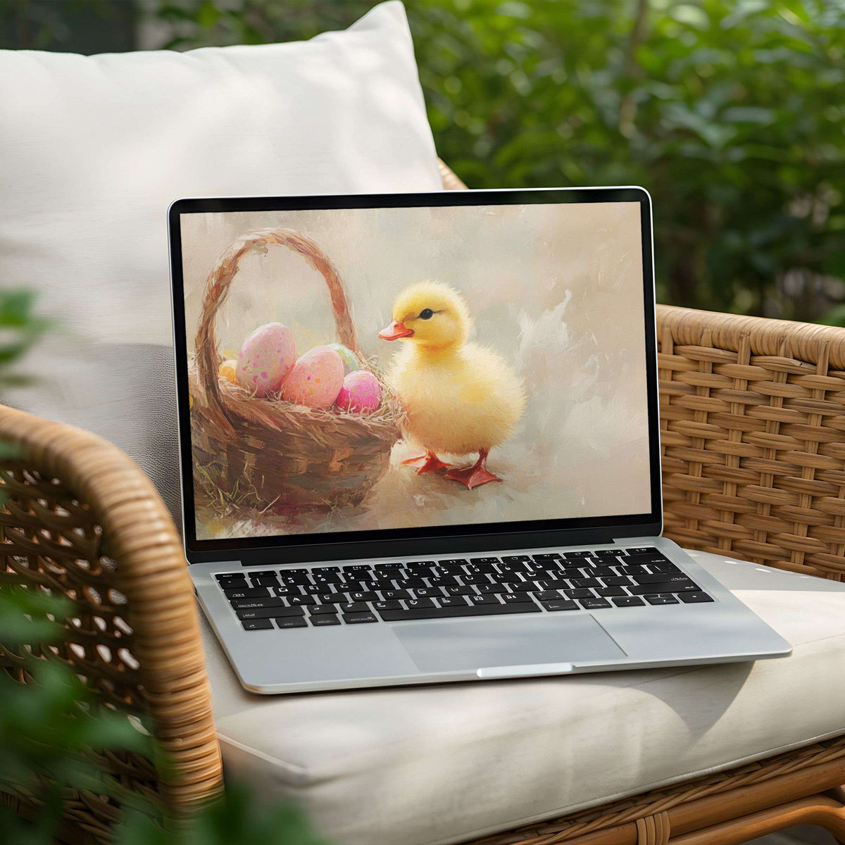Inspire mindfulness with a charming duckling and egg basket desktop background for PC or Laptop instant download available