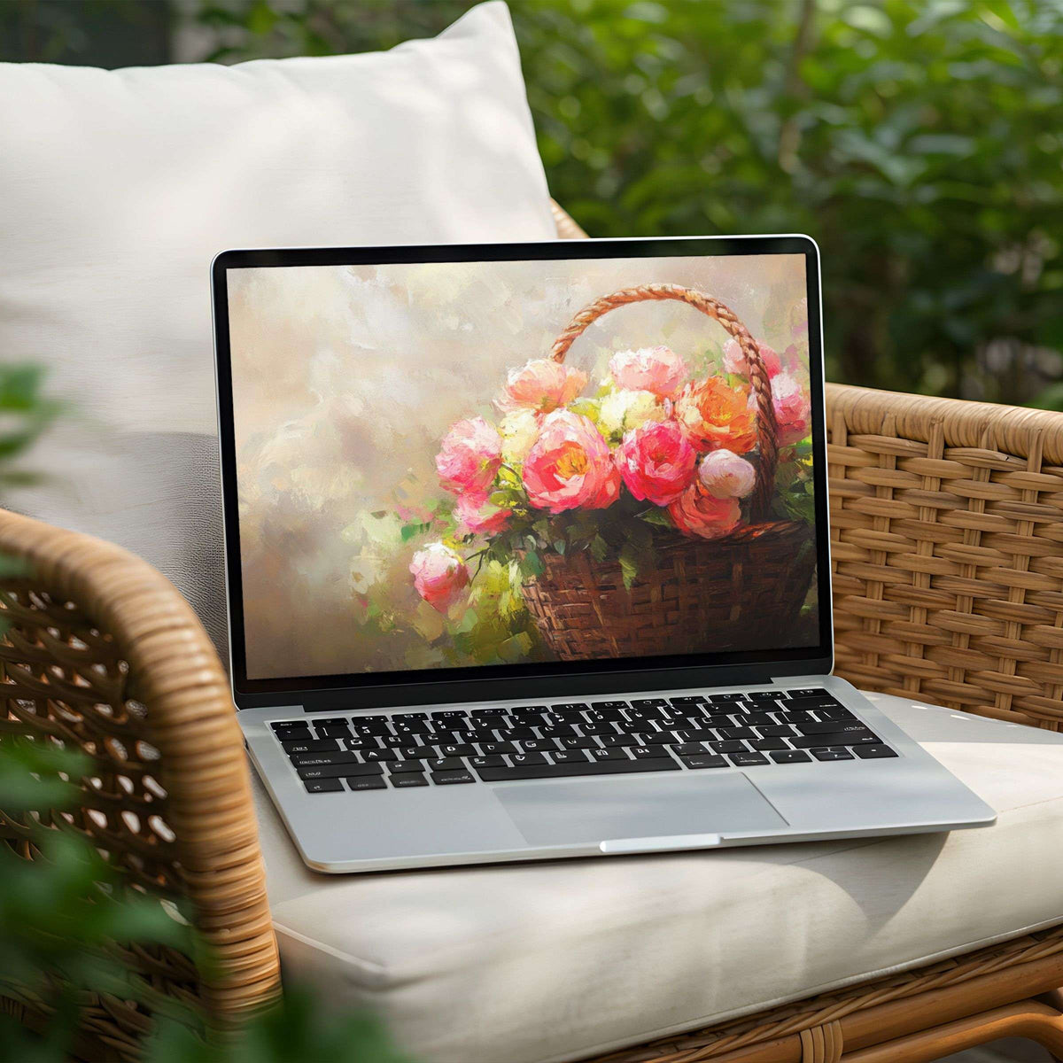 Floral desktop background for PC or Laptop featuring pink roses in a basket, offering instant download for elegance and mindfulness