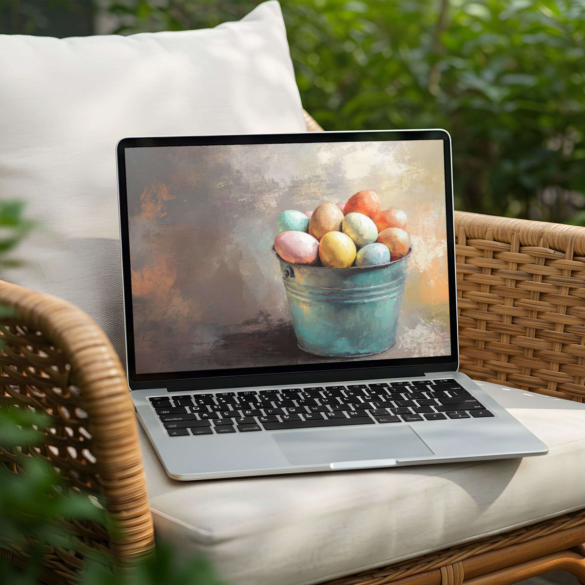 Calming desktop background in pastel tones on laptop, featuring a serene still life of eggs in a bucket, instant download for PC users