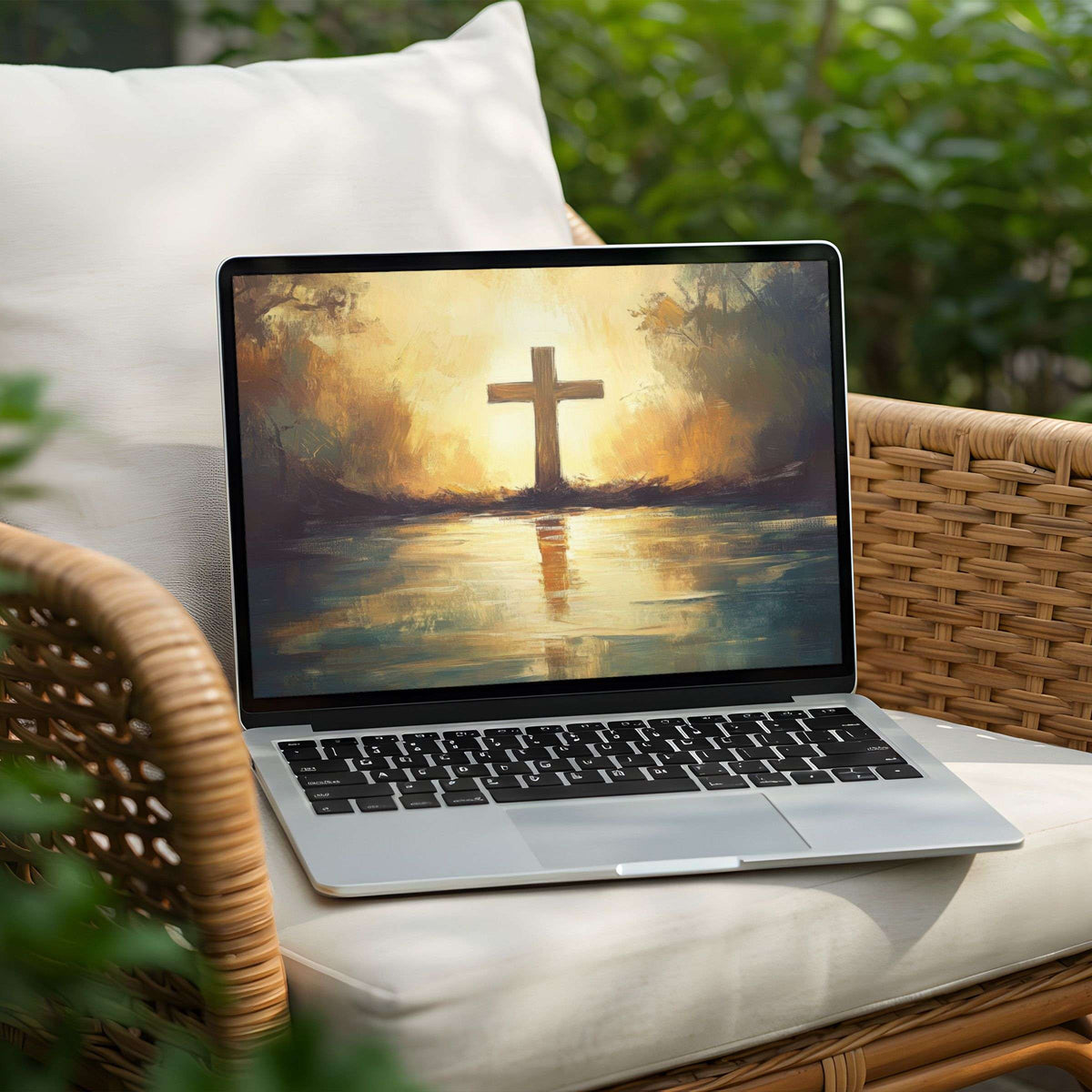 Inspiring cross artwork on a PC laptop screen offers a calm, elegant desktop background for instant download and mindfulness
