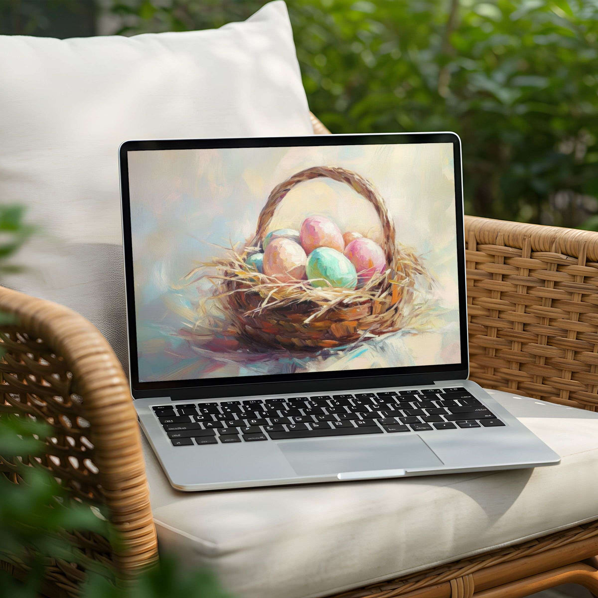 Elegant desktop background featuring a pastel basket of eggs painting on a Laptop for instant download to inspire mindfulness and calm