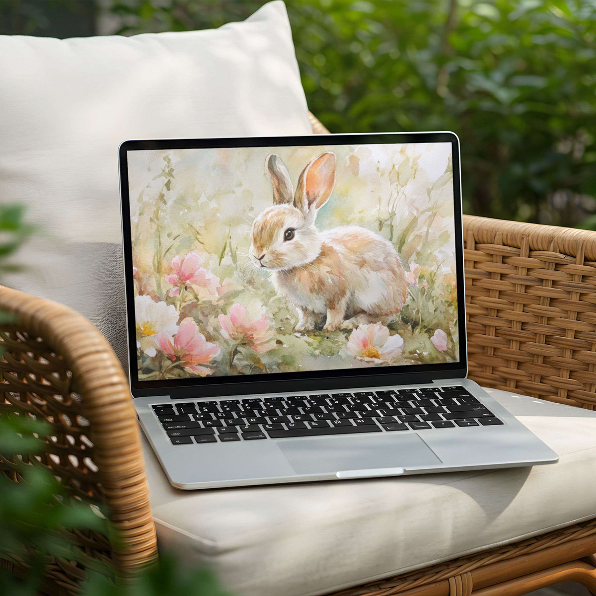 Elegant rabbit watercolor desktop background for PC and Laptop offers instant download inspiring calm and mindfulness