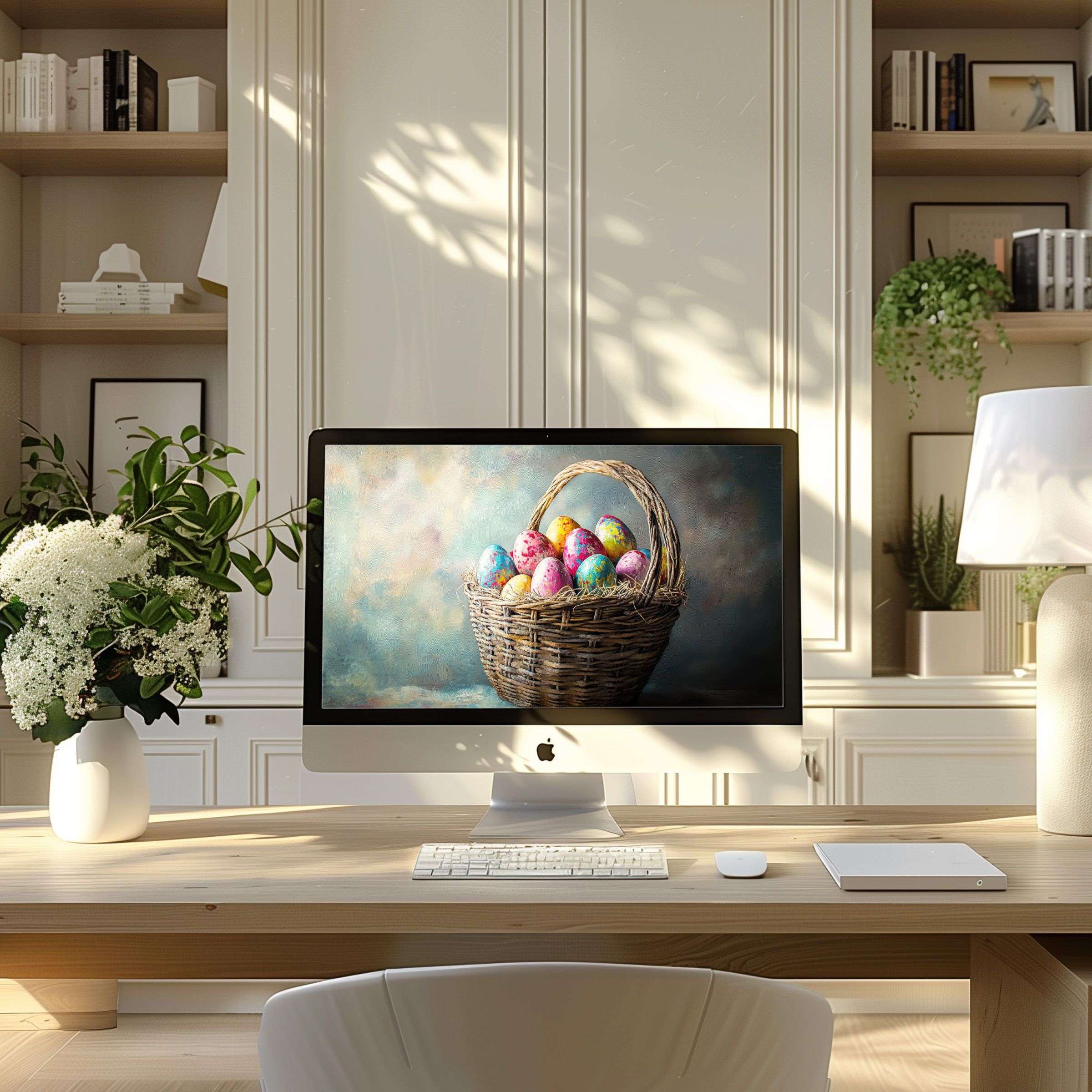 Elegant digital art featuring a basket of colorful eggs enhances your PC or Laptop wallpaper for a calm and inspiring workspace