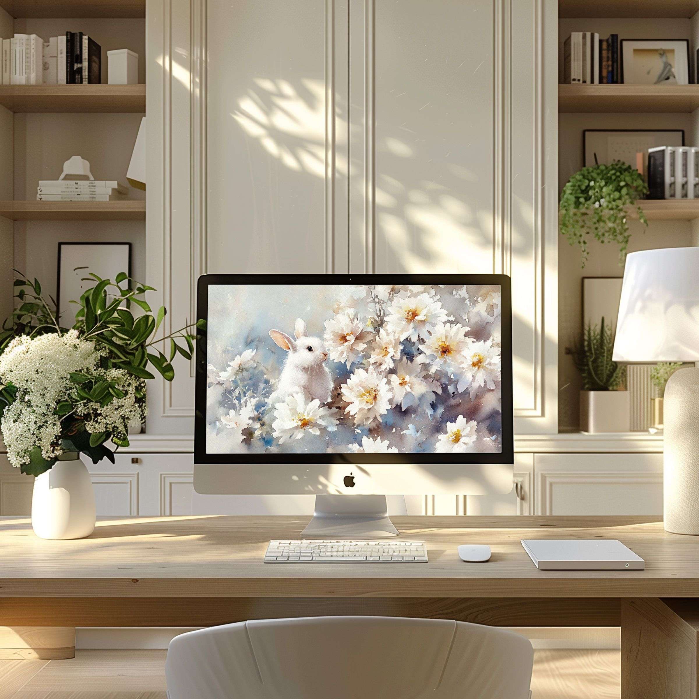 Elegant wallpaper for computer features serene floral art, perfect for PC or laptop in a modern home office setting