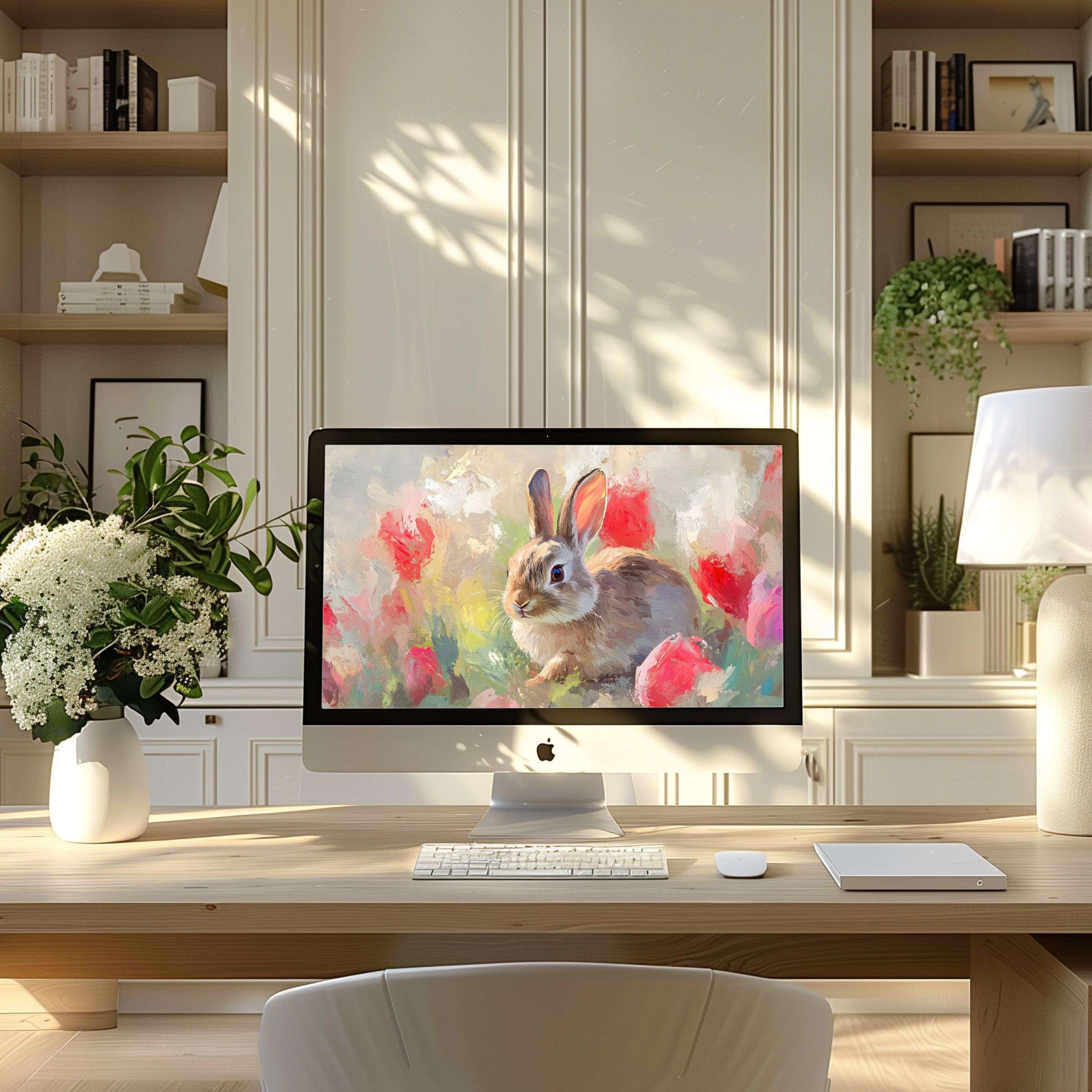 Elegant rabbit art adds calm to modern home office setup; perfect wallpaper for computer, PC, laptop, ultrawide download