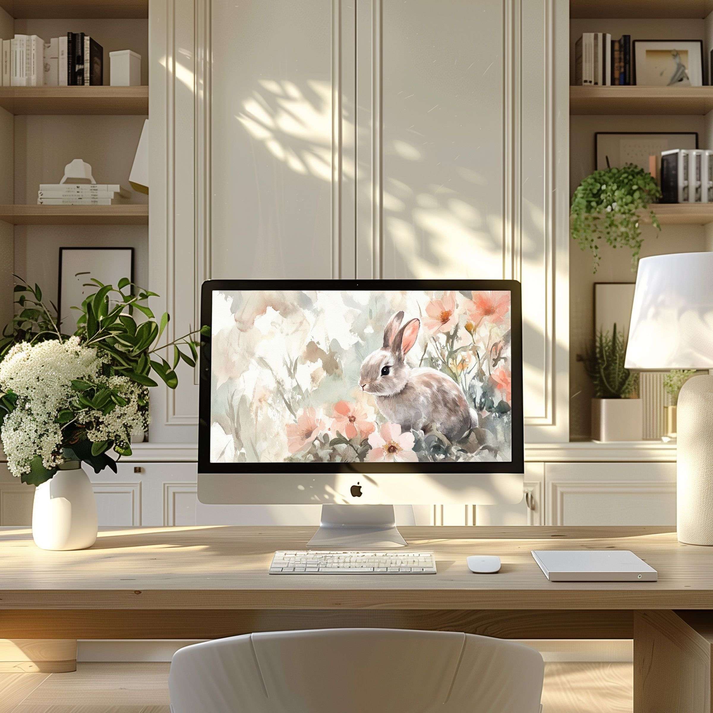 Calming rabbit watercolor motif serves as elegant wallpaper for computer PC or Laptop in stylish, modern home office workspace