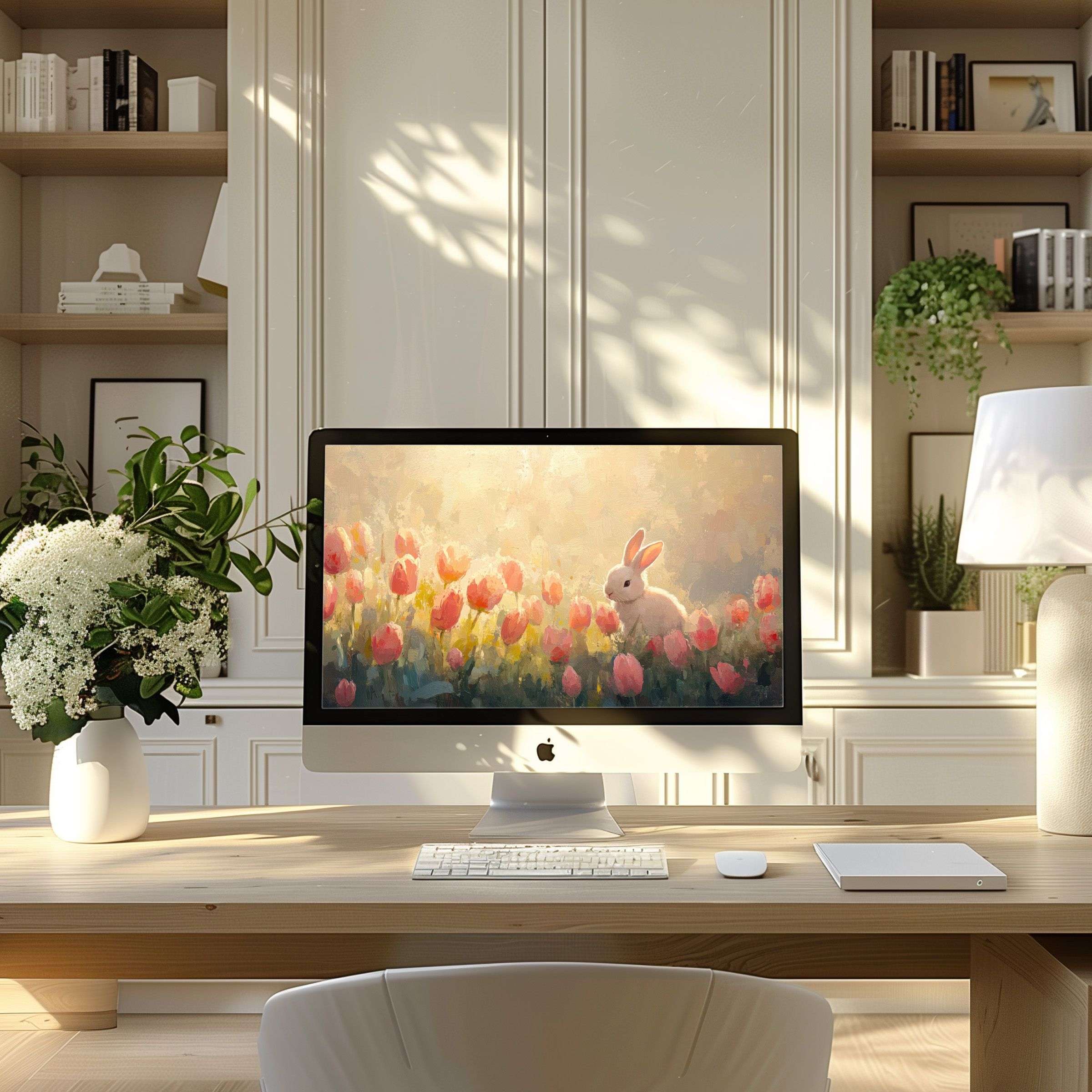 Elegant digital art with a serene rabbit in tulips, perfect wallpaper for computer PC or laptop, inspiring calm and elegance