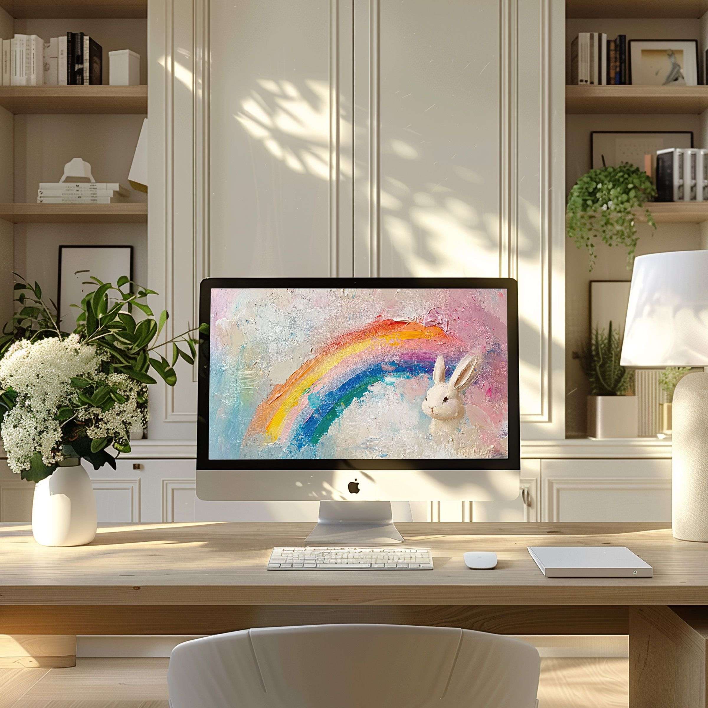Colorful rainbow and bunny digital art wallpaper for computer brings calm elegance to your PC or laptop modern home office