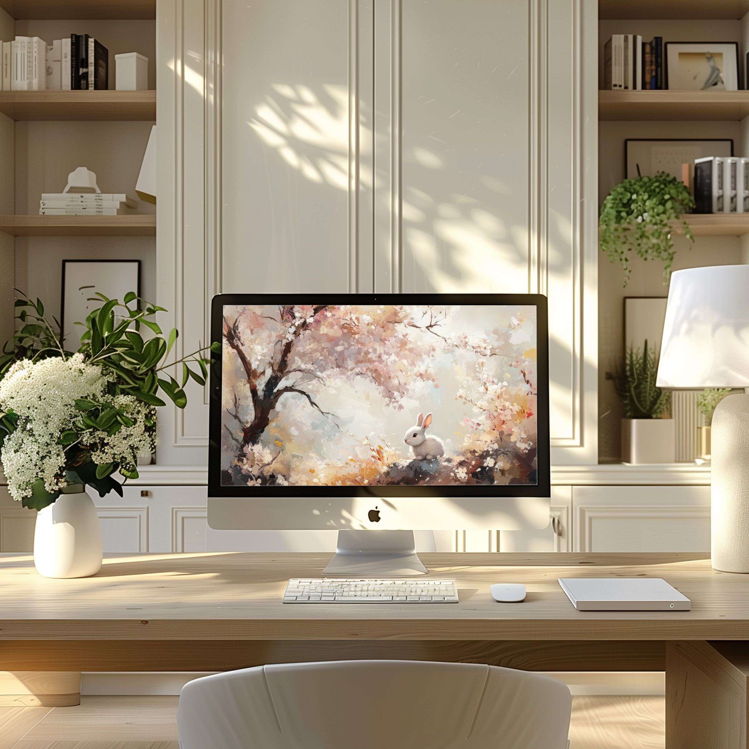 Elegant digital art of serene rabbit under blossoming trees, a calm wallpaper for computer, PC, or laptop in modern home office