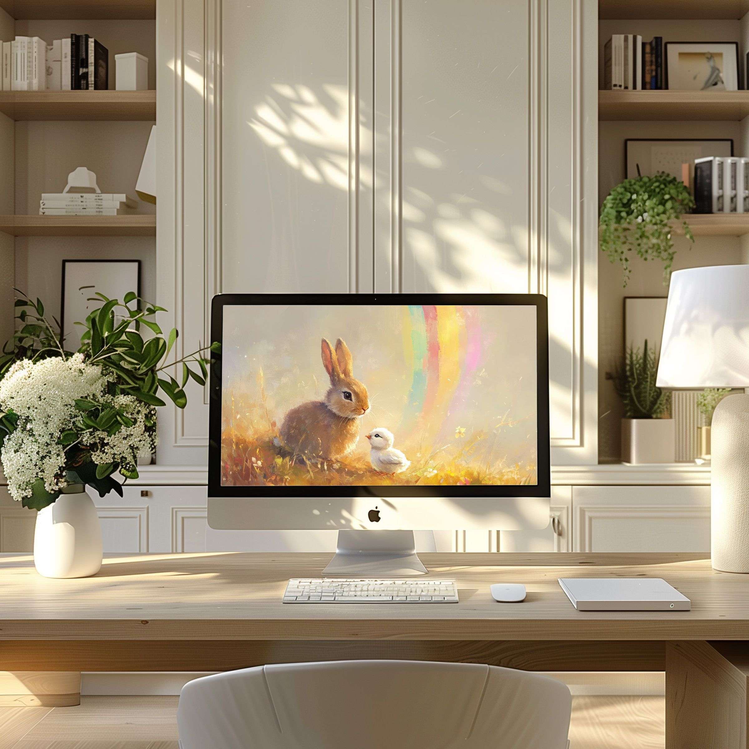 Elegant digital art of a rabbit and duckling inspires calm and creativity, perfect wallpaper for computer, PC, or laptop screens