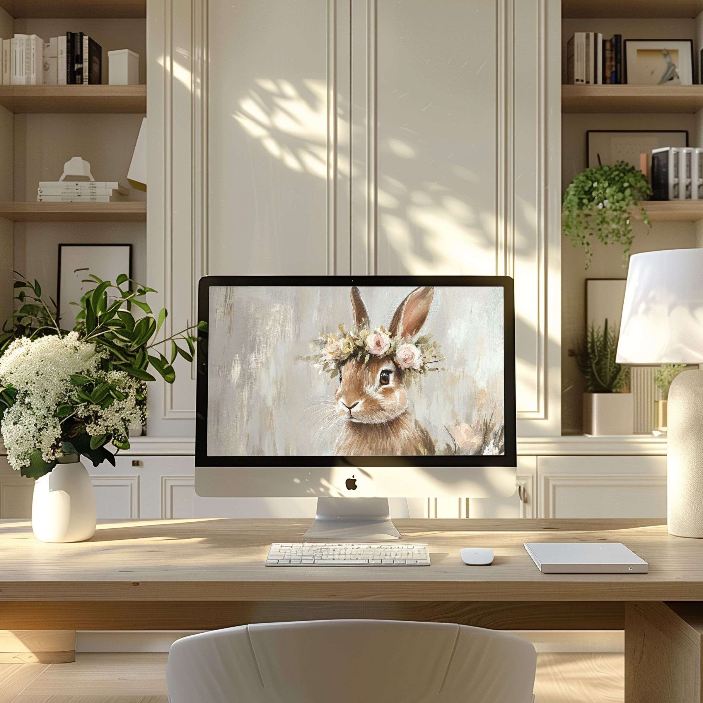 Calming rabbit digital art wallpaper for computer inspires elegance in a modern home office designed for PC, Laptop, ultrawide download