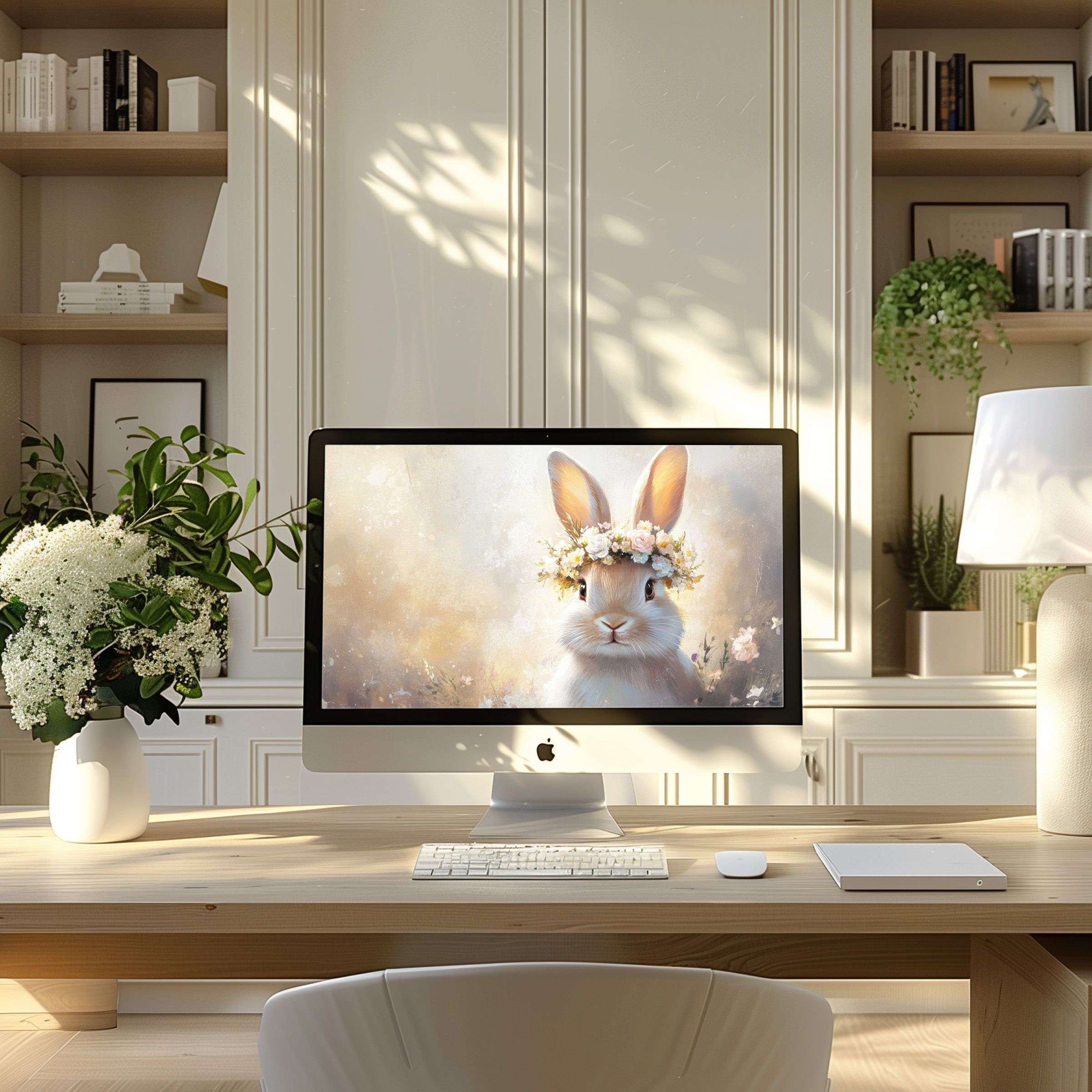 Elegant rabbit motif in a serene modern home office; perfect wallpaper for computer, PC, or laptop to inspire calm and creativity