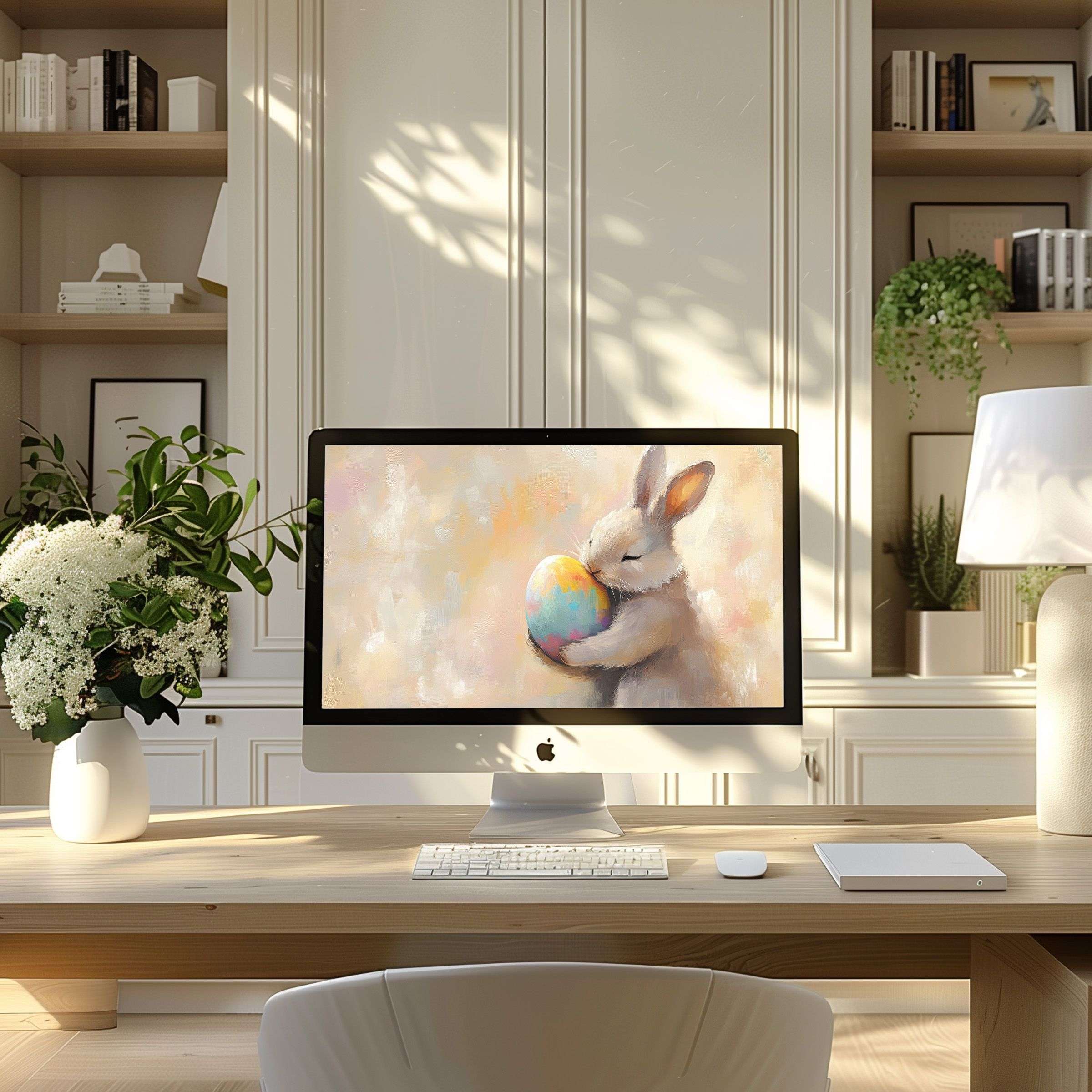 Calming digital bunny art wallpaper for computer fits PC and laptop enhancing modern home office elegance and inspiration