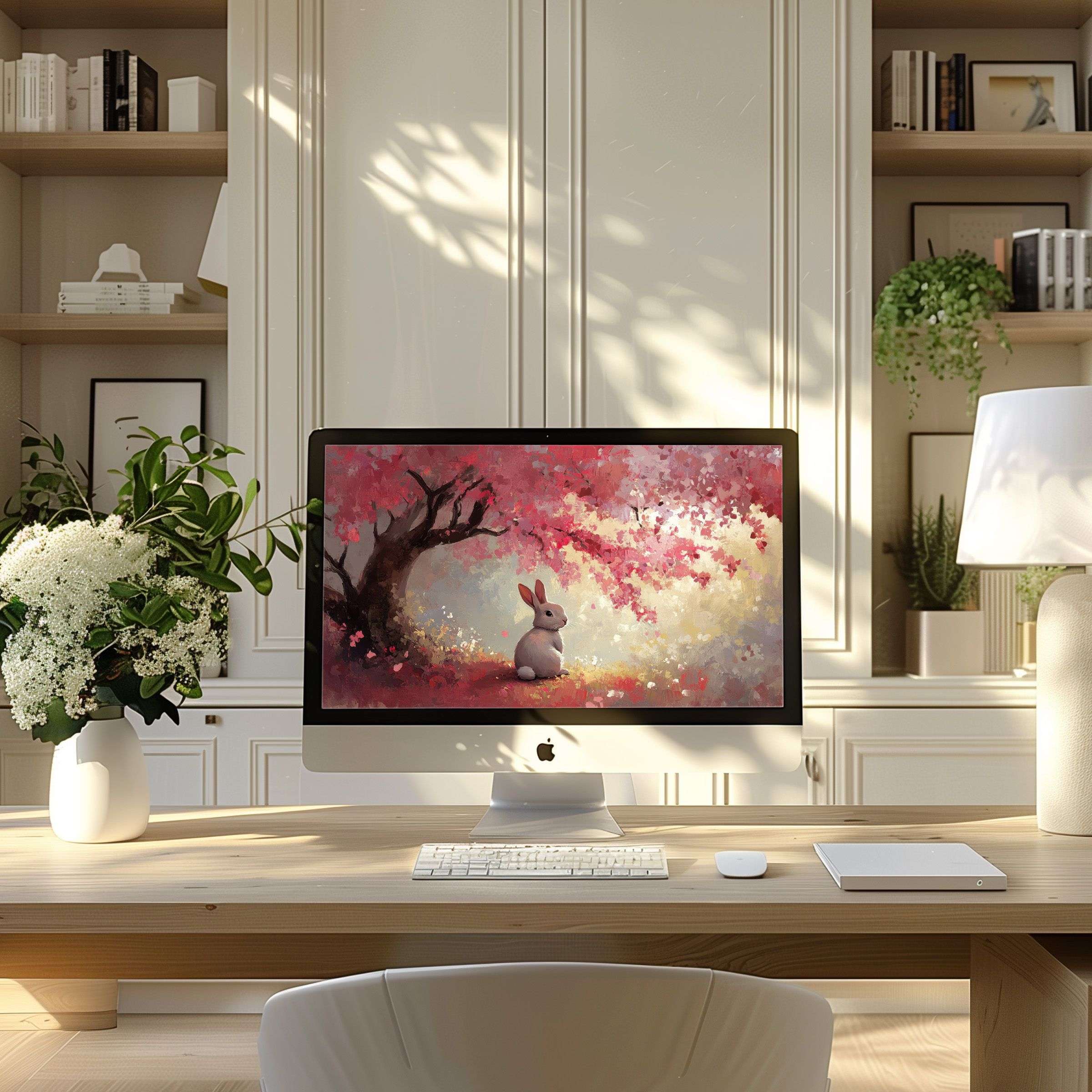 Elegant rabbit under cherry blossoms, perfect as a wallpaper for computer, PC, or laptop; inspires calm and aesthetic beauty