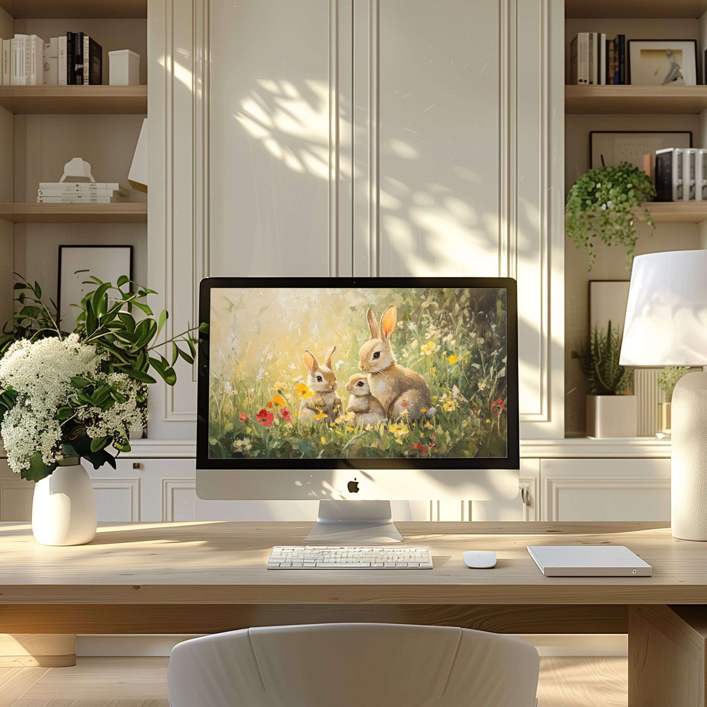 Elegant digital art of rabbits in a meadow, perfect wallpaper for computer, PC, or laptop, enhancing modern home office calmness