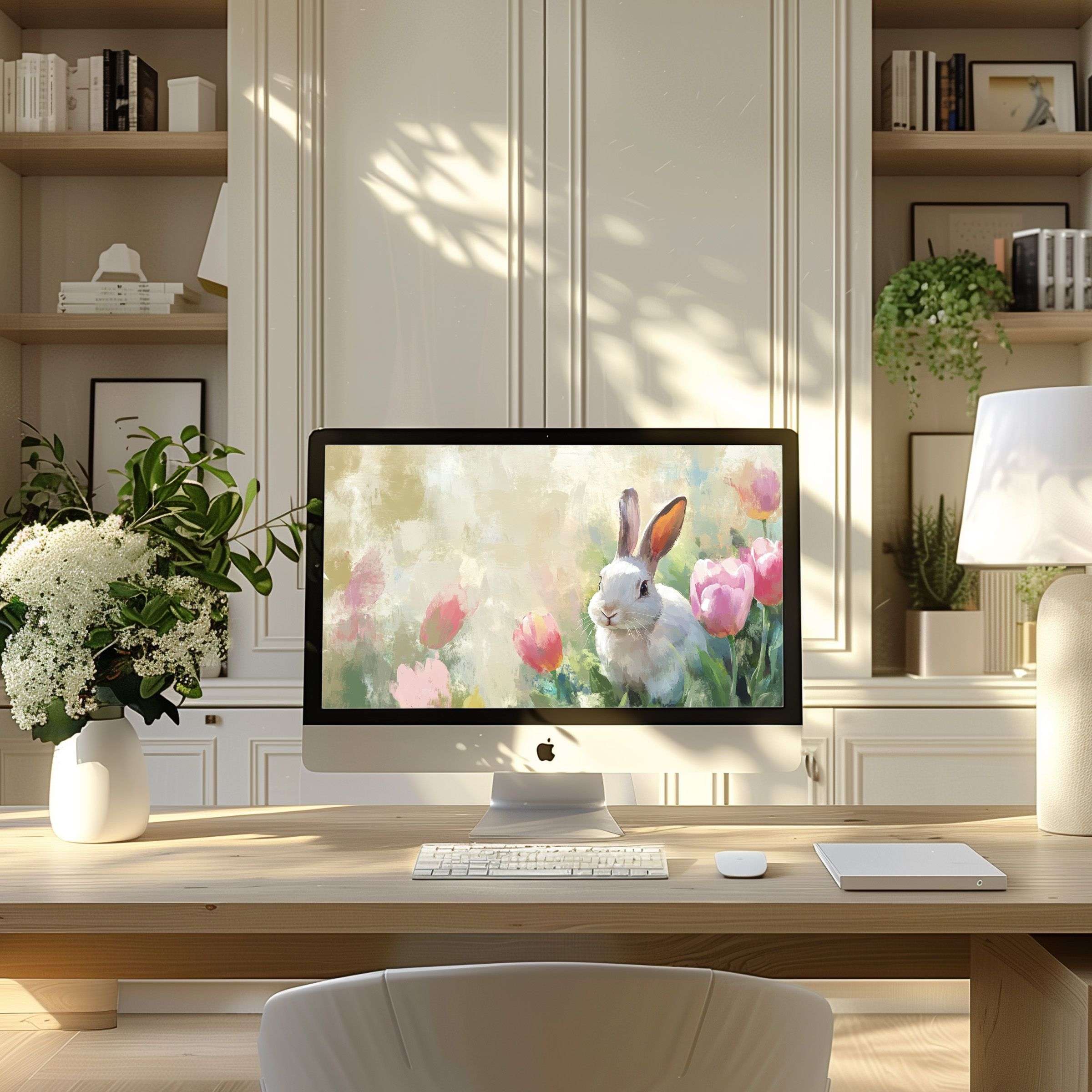 Elegant digital art of a serene rabbit with tulips as a wallpaper for computer, ideal for PC, laptop in a modern home office