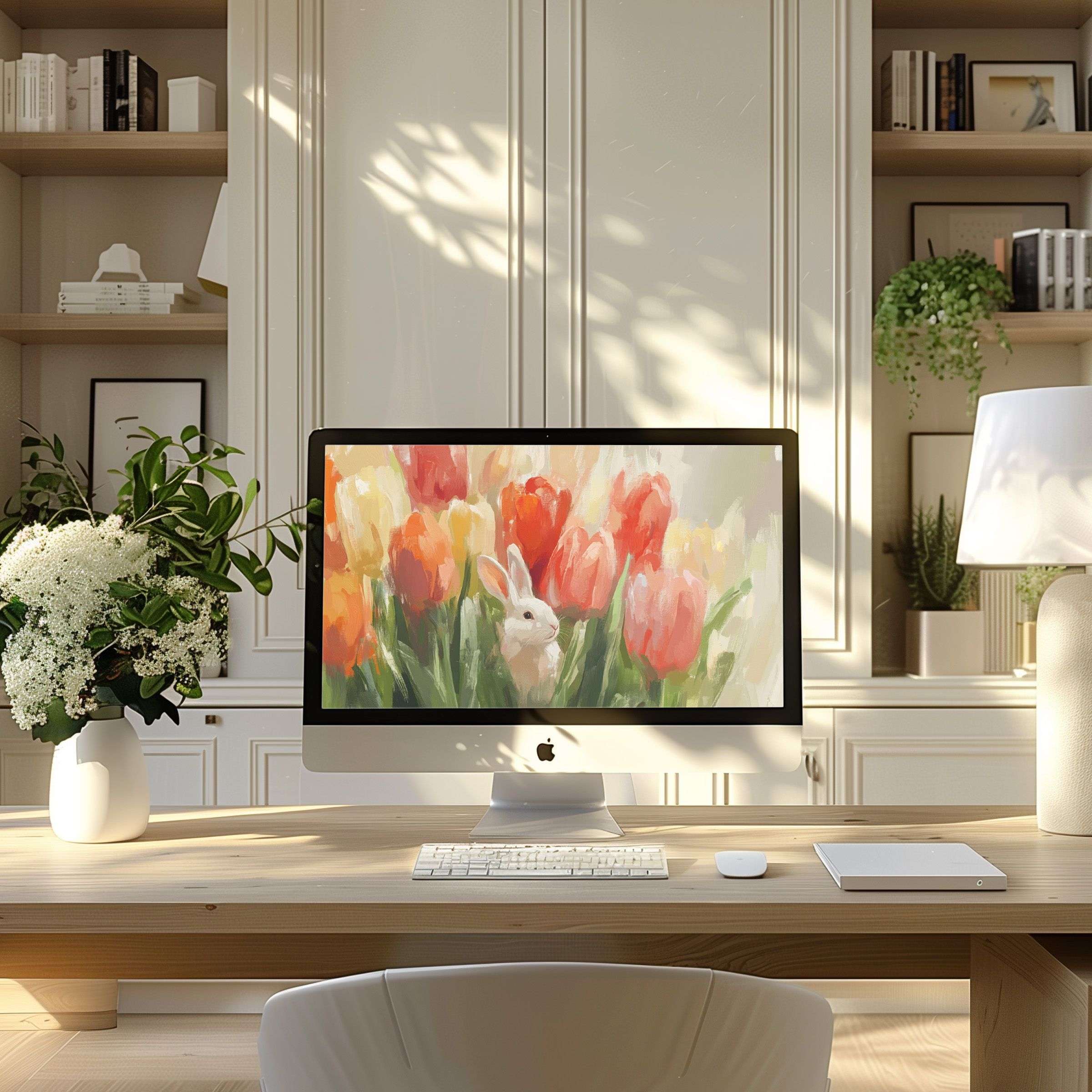 Elegant tulip artwork as wallpaper for computer inspires calm in modern home office, fits PC and laptop screens perfectly