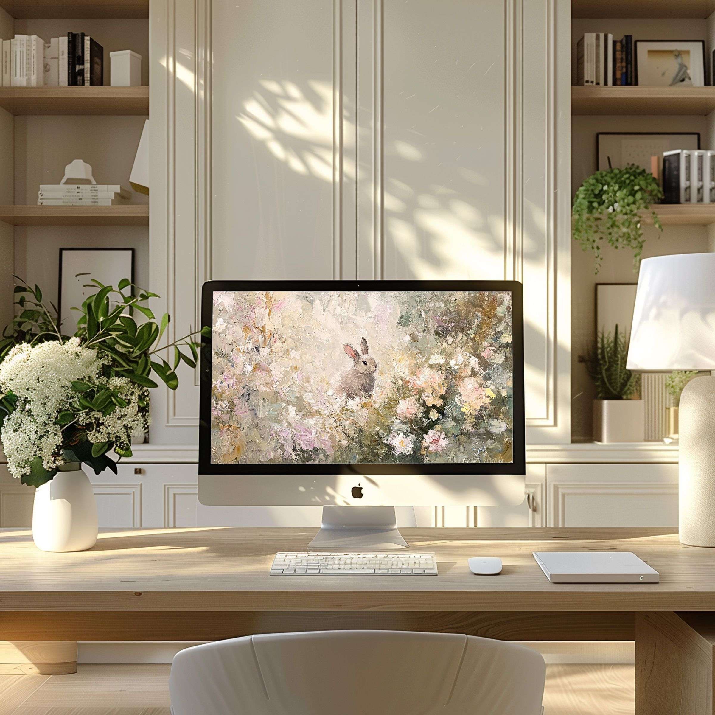 Elegant floral bunny digital art wallpaper for computer brings calm and inspiration to any modern PC or laptop setup