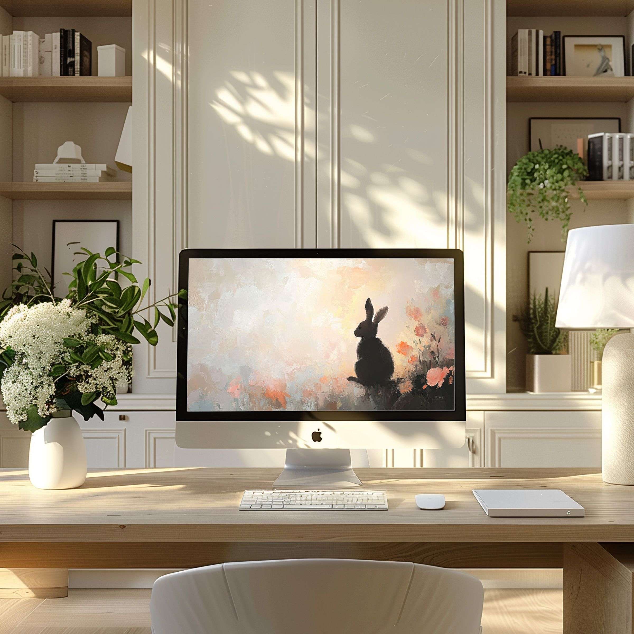 Elegant rabbit-themed wallpaper for computer adding calm sophistication to a modern home office ideal for PC or laptop screens