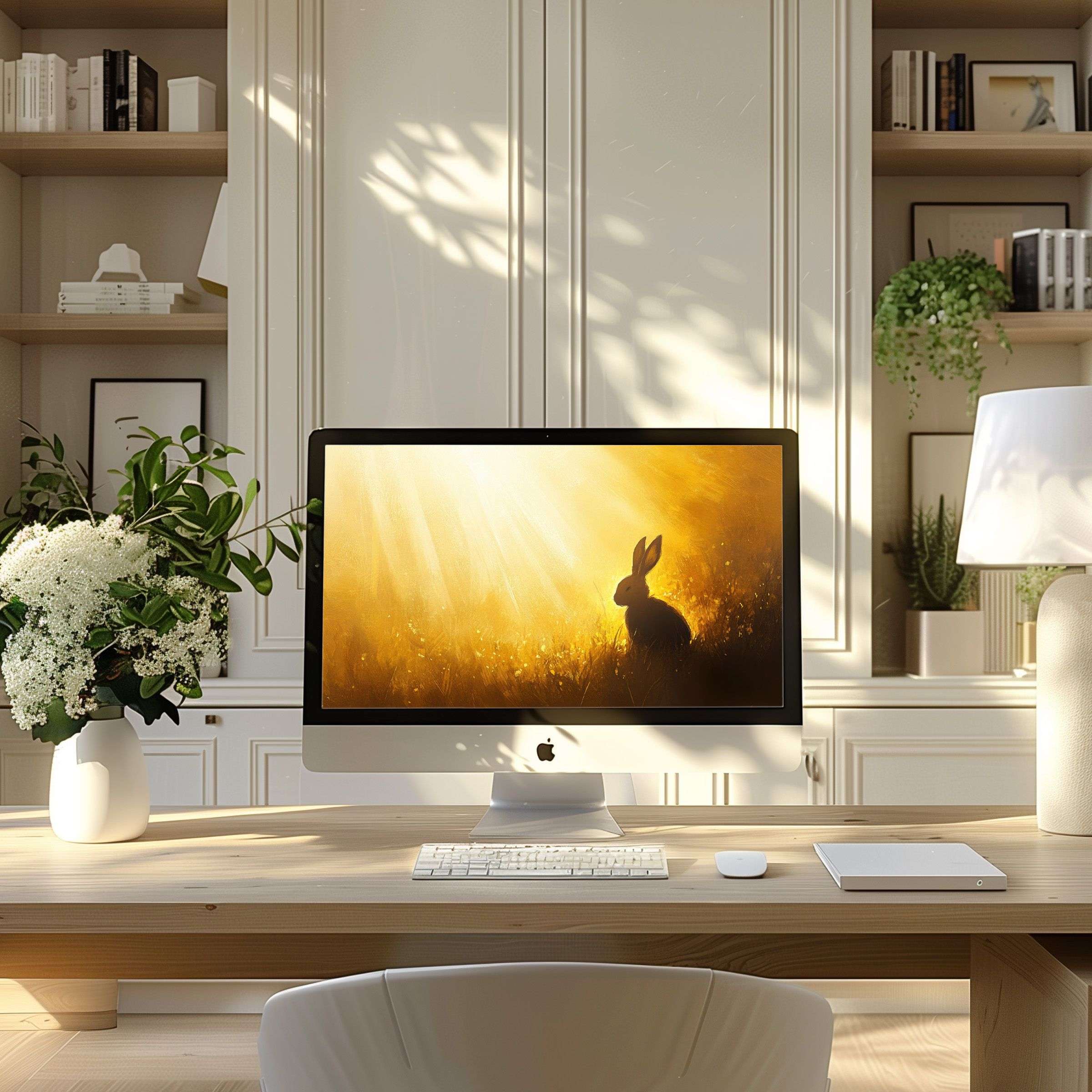 Inspire elegance with a calming rabbit motif wallpaper for computer perfect for your PC or laptop in a modern home office ambiance