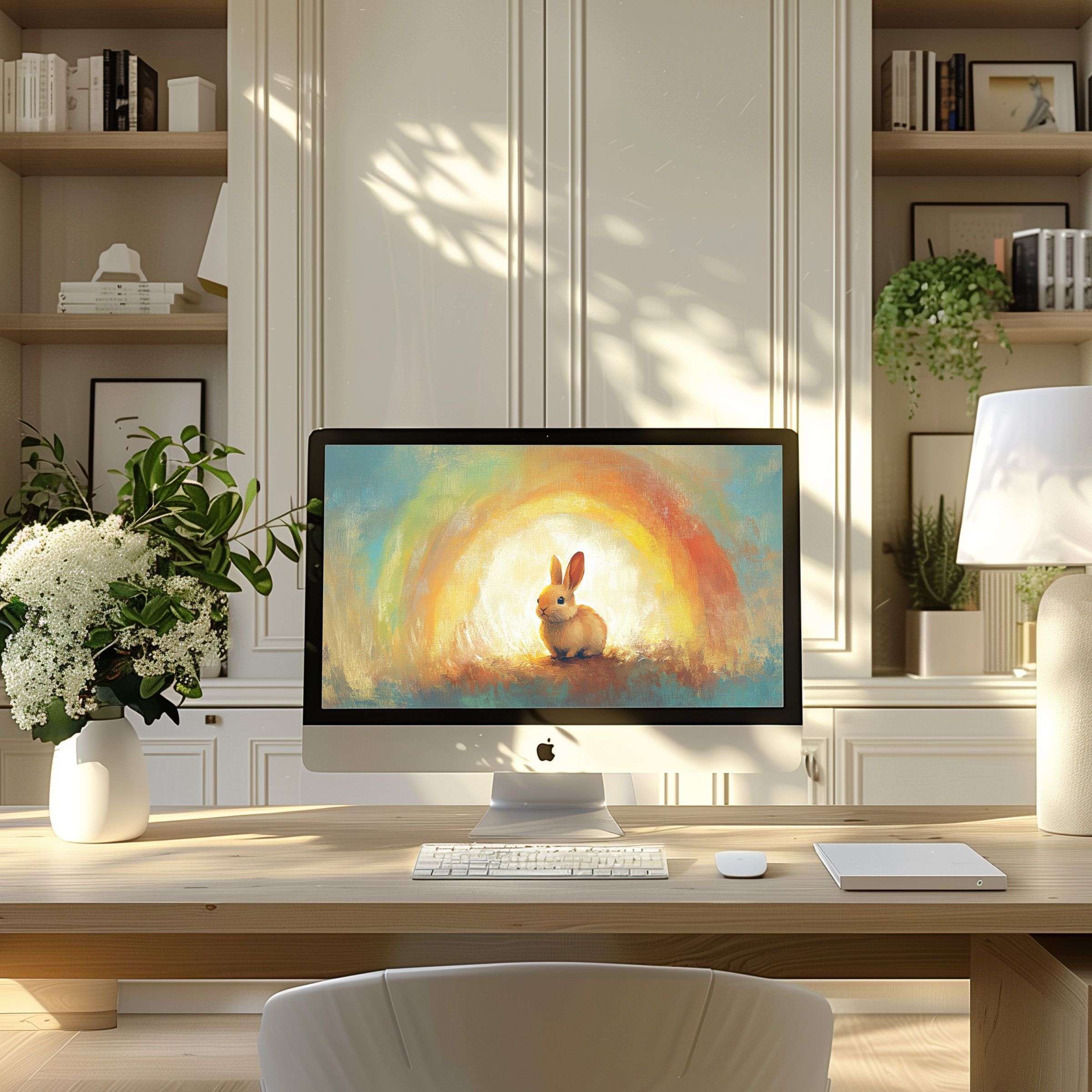 Elegant rabbit motif on a serene abstract background, perfect wallpaper for computer, PC, or Laptop, inspiring calm and sophistication
