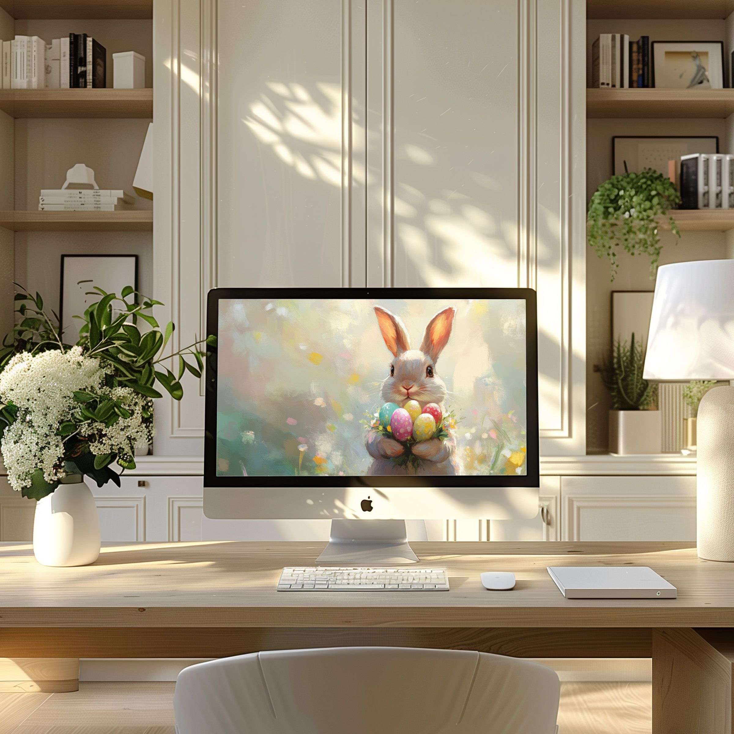 Calming bunny digital art as wallpaper for computer creates a serene PC or Laptop setup in a modern, elegant workspace
