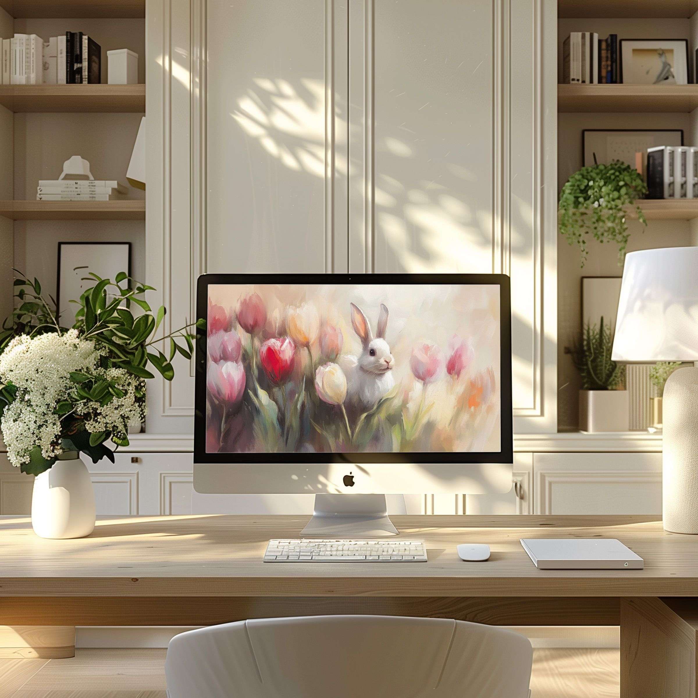 Elegant wallpaper for computer featuring a serene tulip field with a rabbit, ideal for PC or laptop in modern home office