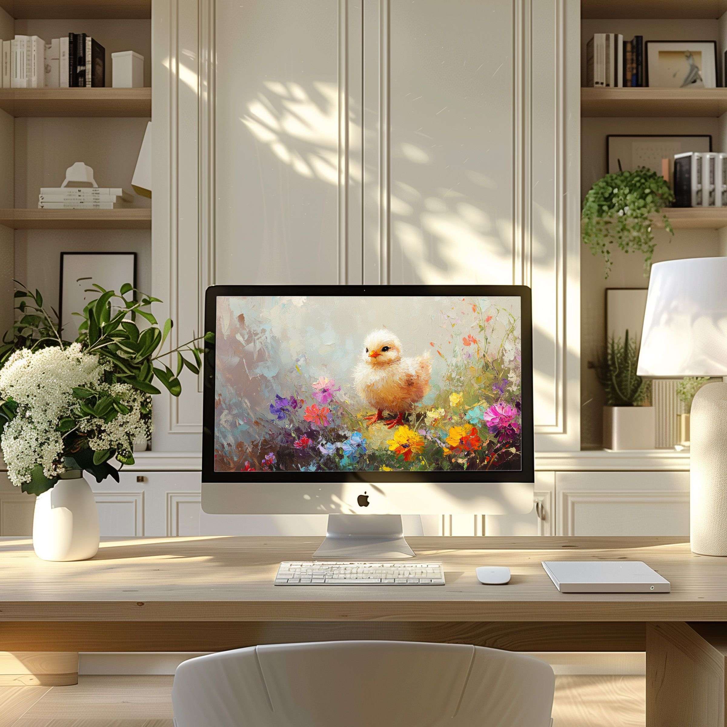 Wallpaper for computer with vibrant floral chick art enhances calm elegance, ideal for PC, laptop, ultrawide digital download