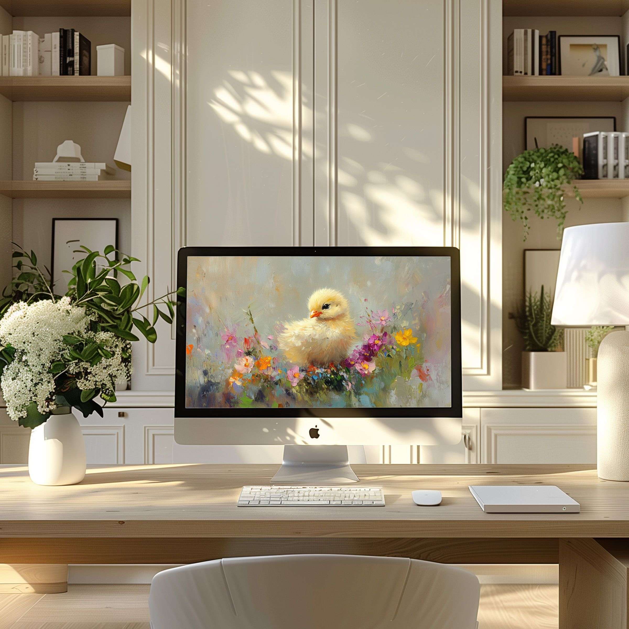 Calm and elegant wallpaper for computer featuring a fluffy chick and flowers, perfect for PC, laptop, and ultrawide screens