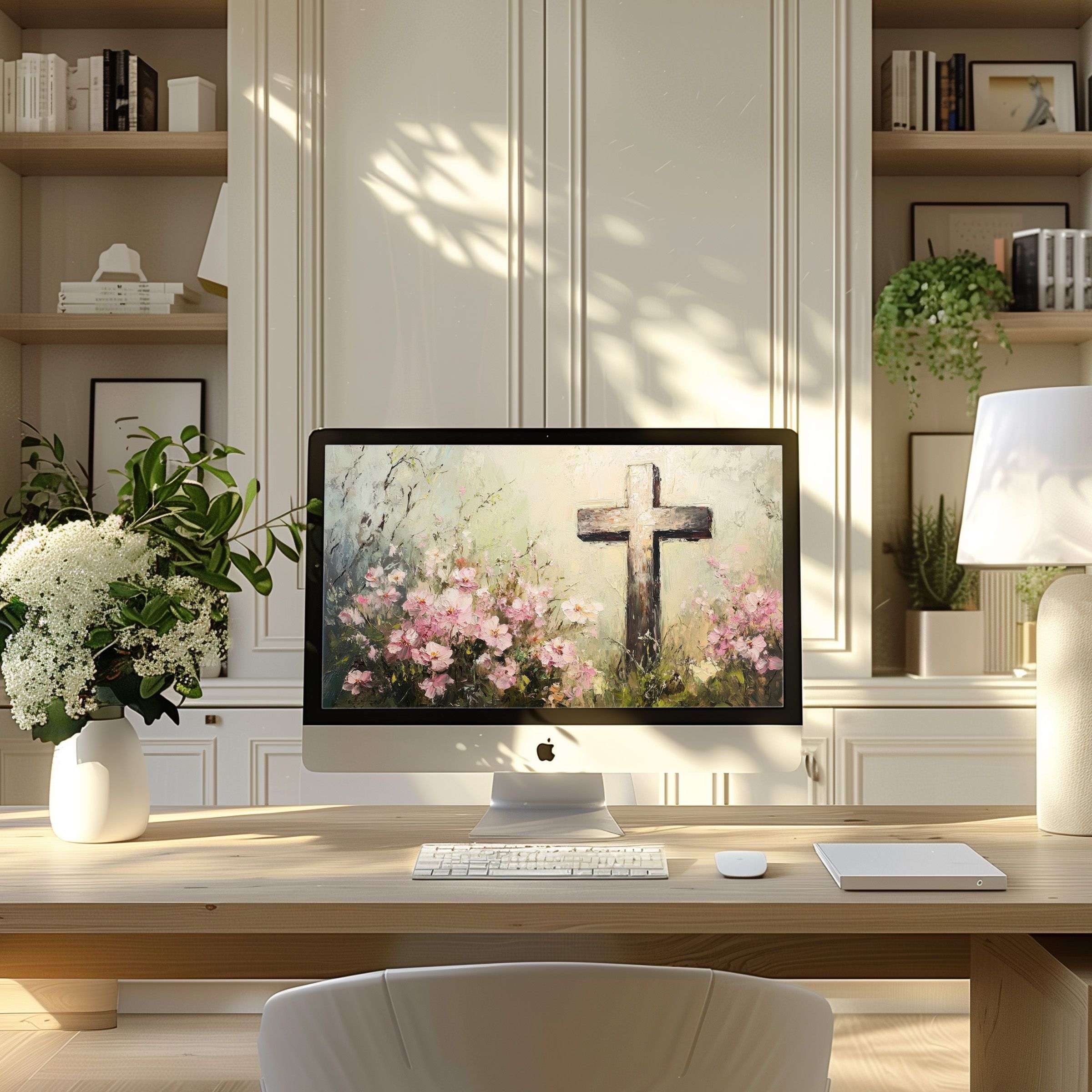 Elegant floral motif digital art wallpaper for computer adds calm and inspiration to any PC or laptop in a modern home office
