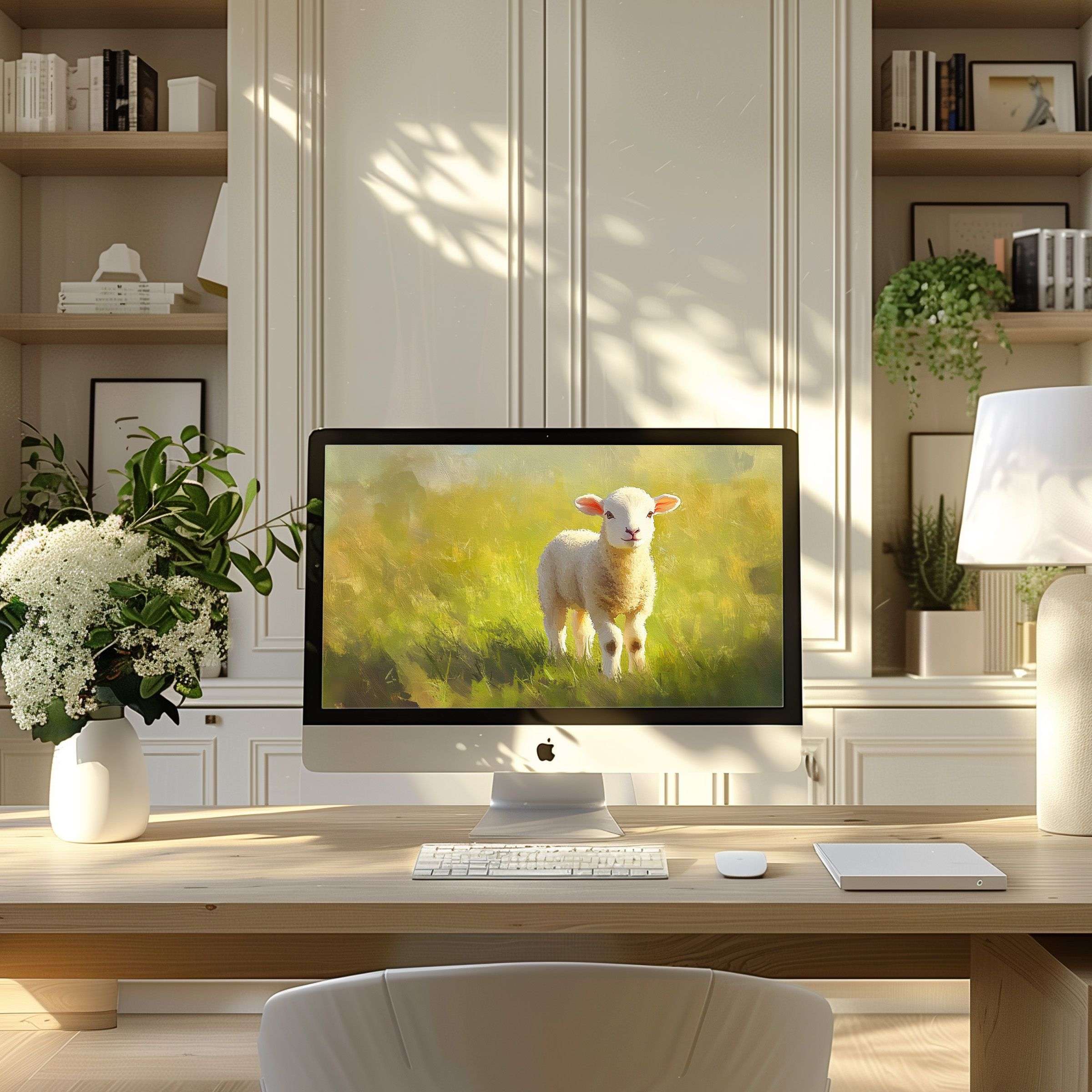 Elegant lamb wallpaper for computer brings inspiration and calm to any PC or Laptop setup in this modern, serene home office