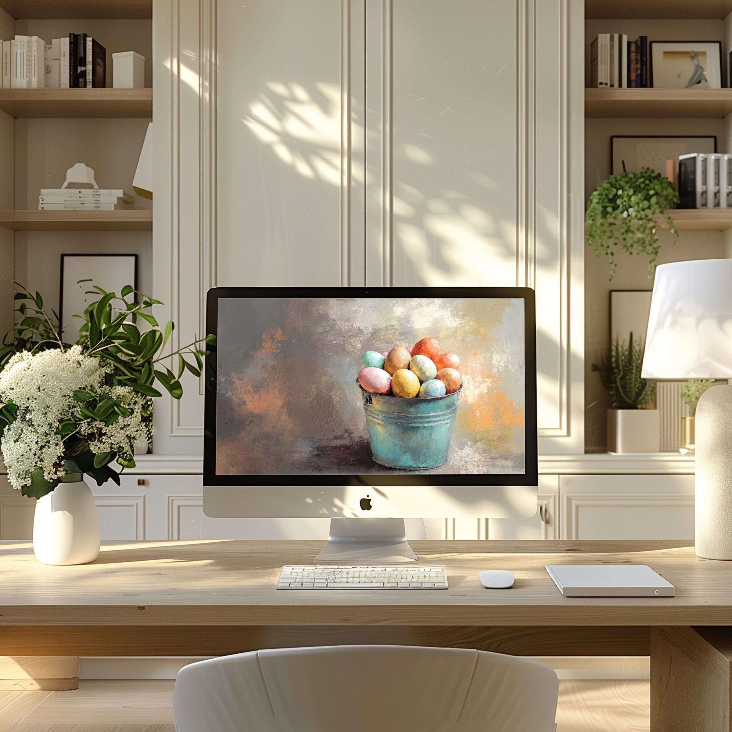 Elegant wallpaper for computer with pastel eggs in a bucket, perfect for PC and laptop, bringing calm and inspiration to your home office