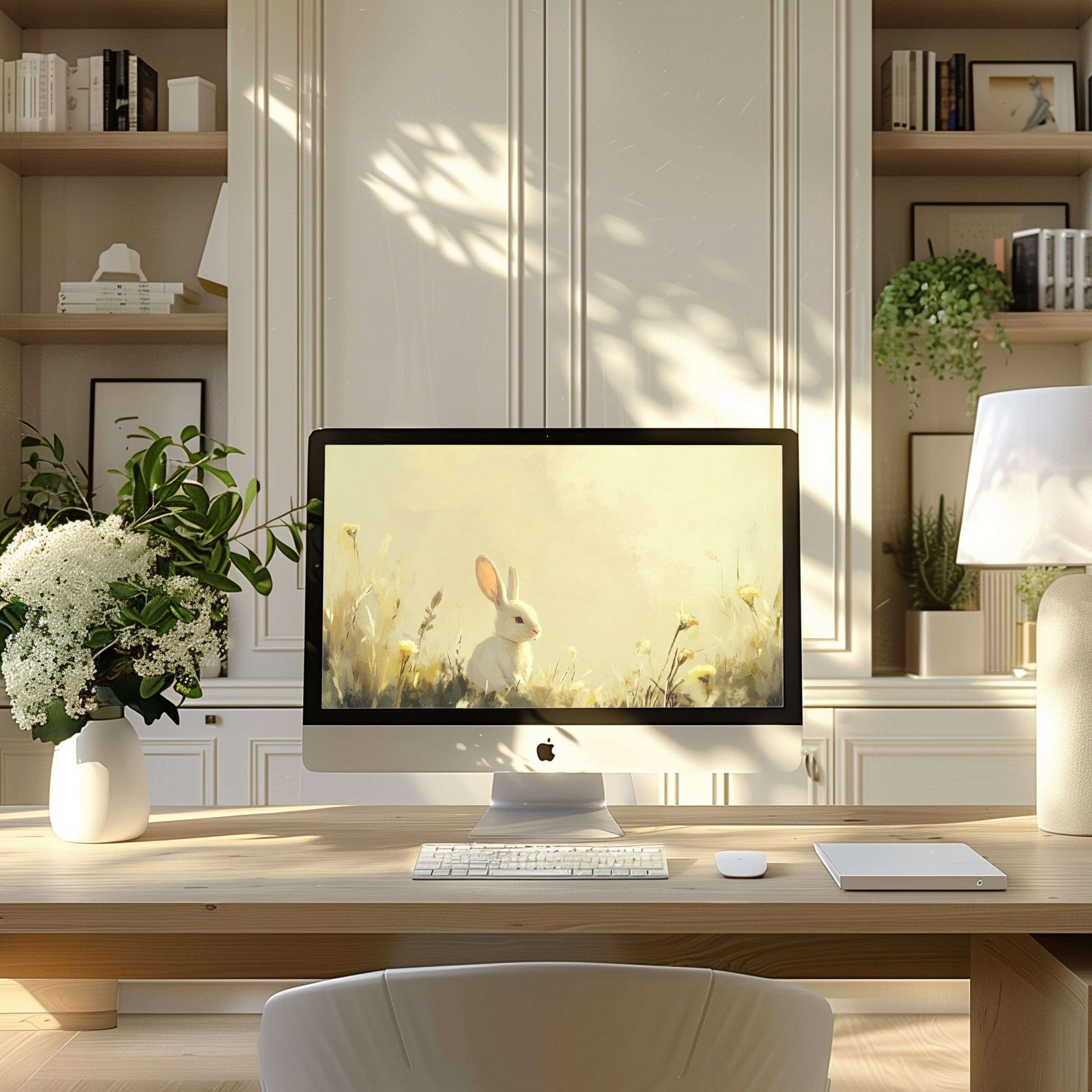 Elegant digital art of a rabbit in soft hues inspires calm in a modern office setting; ideal wallpaper for computer, PC, or laptop