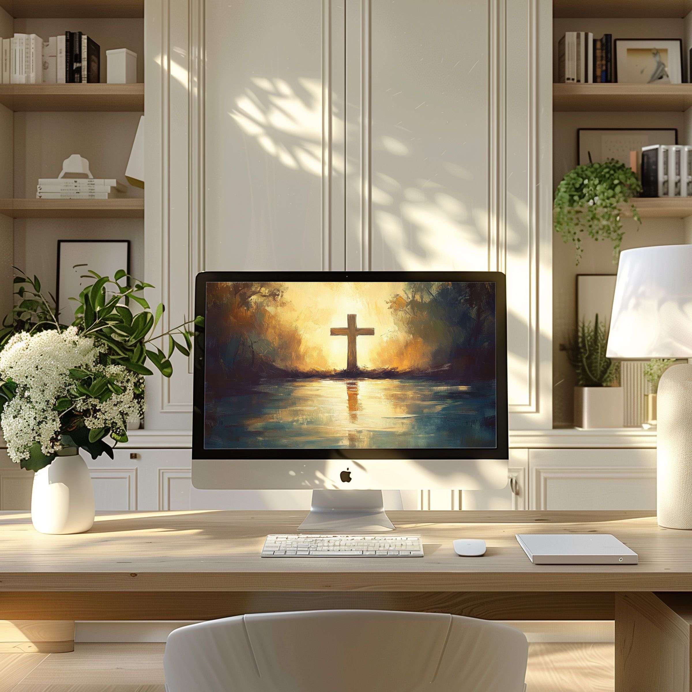 Elegant digital art cross motif creates calm in a modern home office setting ideal as a wallpaper for computer PC and laptop